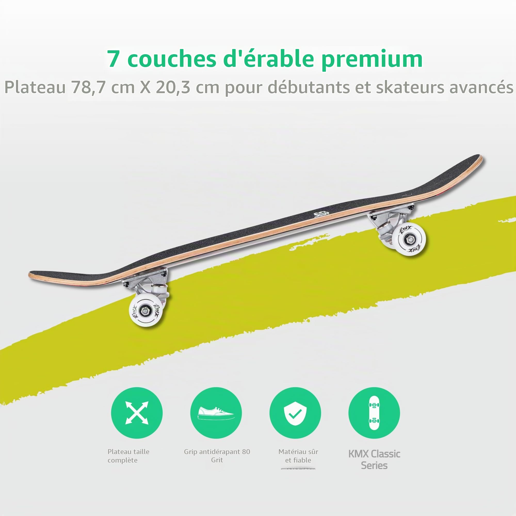 KMX Skateboard Complet Débutant à Graphismes Cool + Outil de Skate | pour Garçons,Filles,Enfants,Étudiants et Adultes.Plateau en Érable 7 plis,Double Kick,Trucks Aluminium,Roues PU