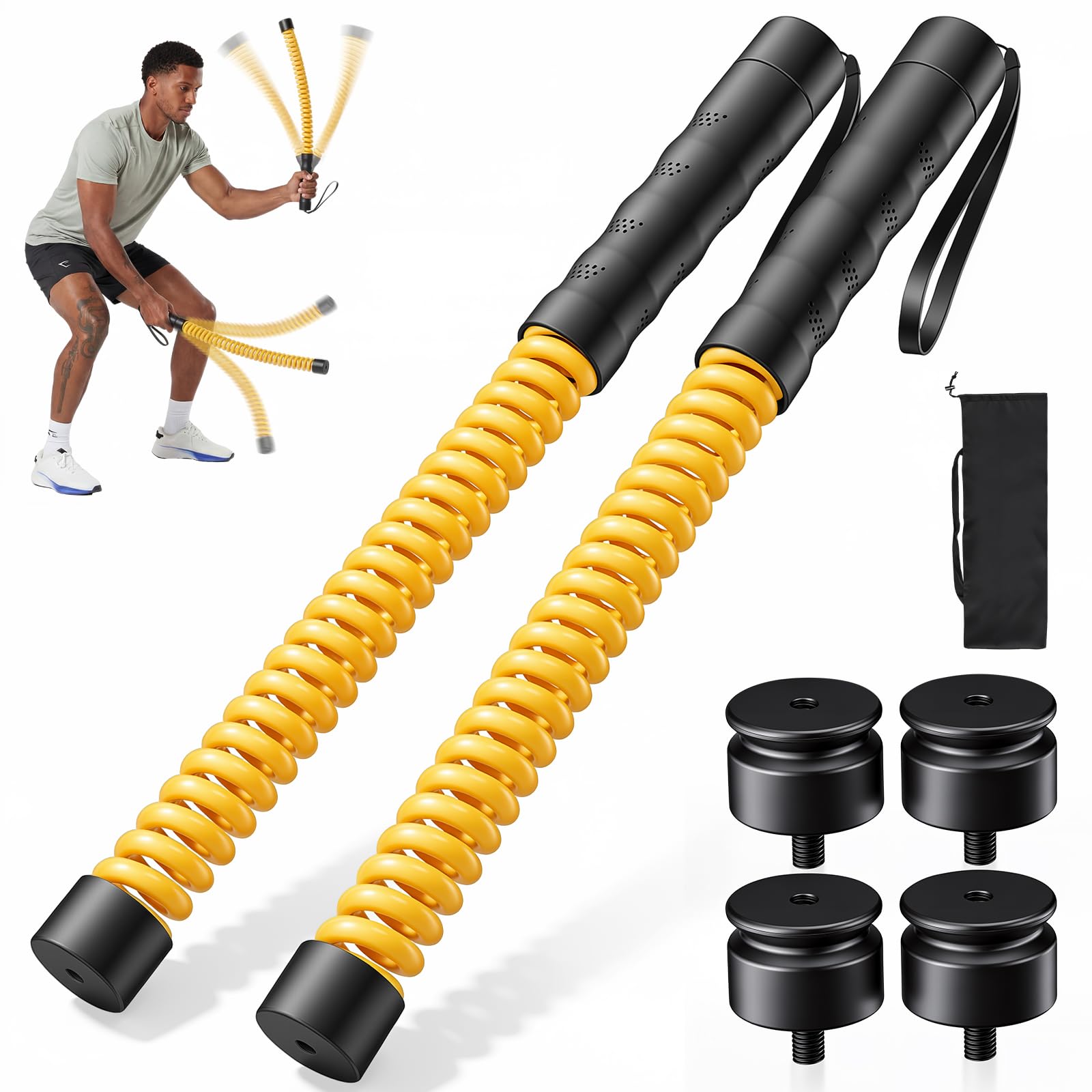 Ropeless Battle Ropes for Home Workout, Portable Cordless Battle Rope with 4 pcs x 50g Counterweights & Storage Bag, Weighted Ropeless Battle Ropes suitable for HIIT, Strength & Cardio (Yellow+Black)