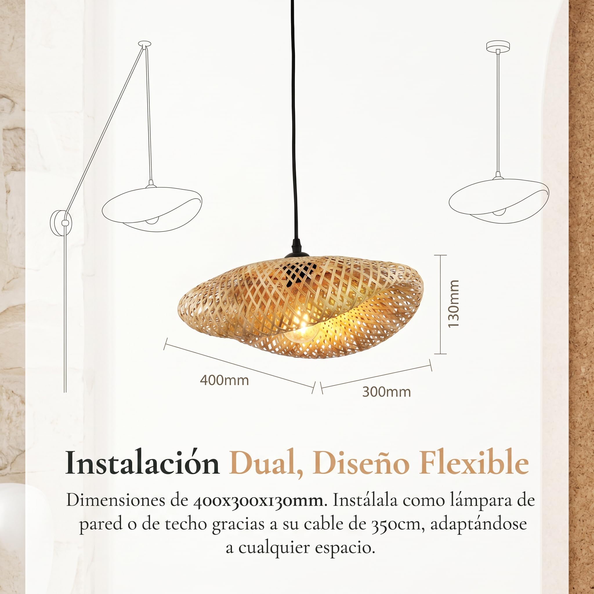BARCELONA LED Lampada Sospesa Rattan Vimet con Spina E27