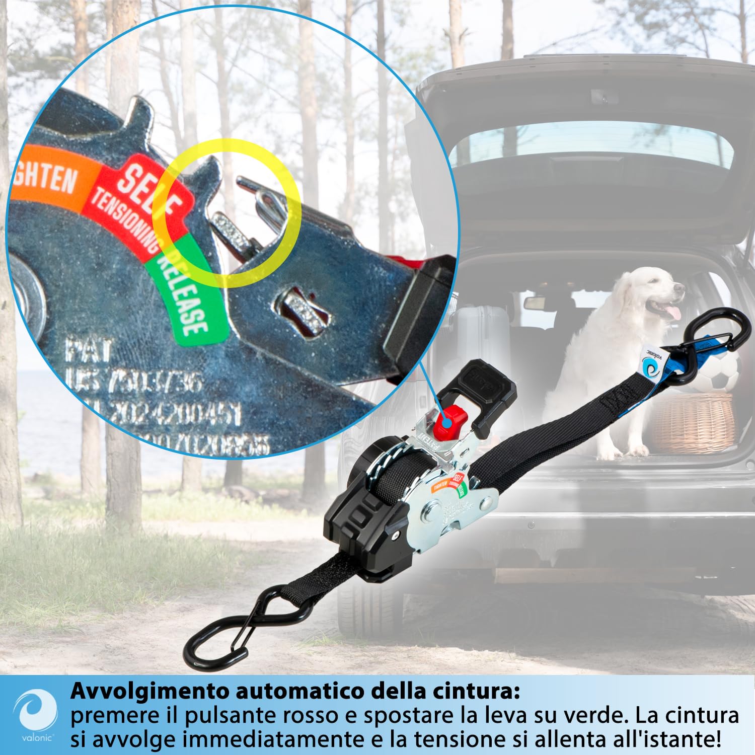 valonic CRETA 2 m, mini cinghie a cricchetto, per auto e rimorchio, set da 4, 150 kg forza di ancoraggio, 19 mm, per uso quotidiano e trasporto