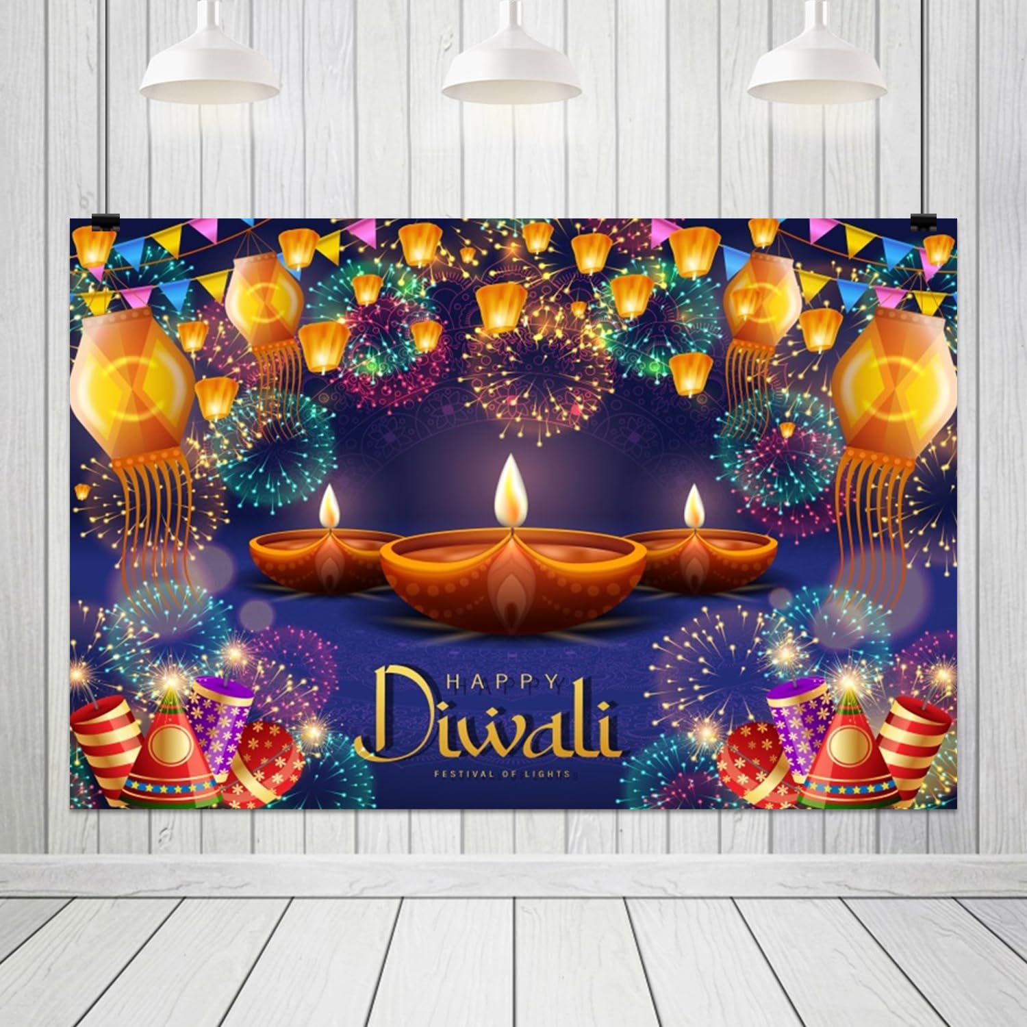 7x5ft Happy Diwali Backdrop Banner Decor Festival of Lights Fireworks Orange Lanterns Photography Background for Indian Traditional Diwali Pooja Festivals