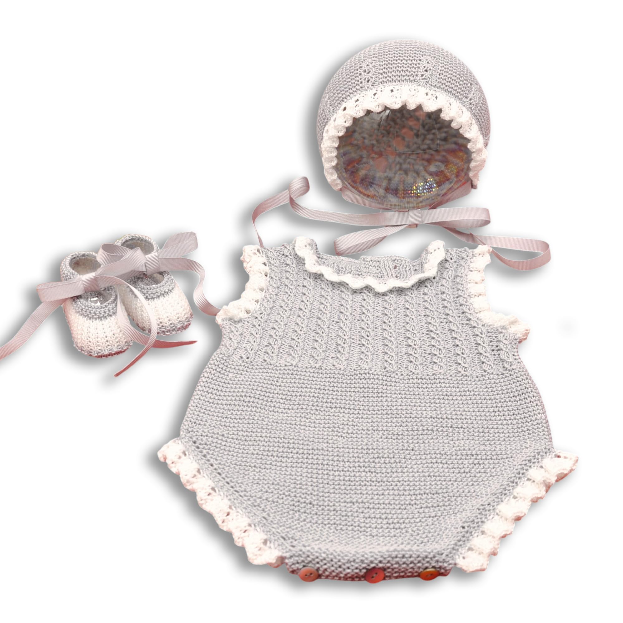 Bautizo, Tejido a mano cuidadosa y meticulosamente: Mameluco sin mangas, capota y patucos, Ropa especial para ocasiones especiales. Talla 0-3 Meses