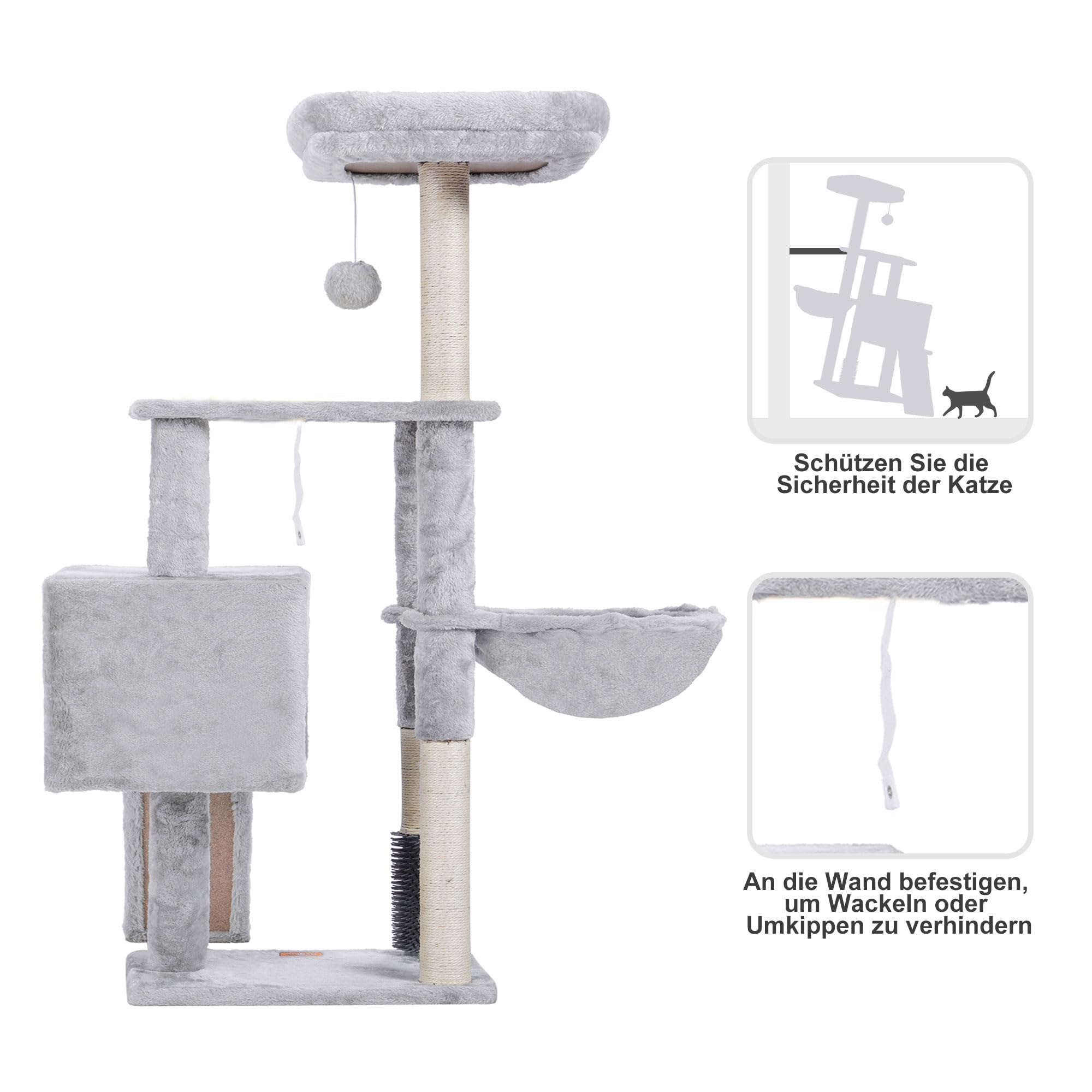 Heybly Kratzbaum mit Katzenbürste, Katzenbaum für Hauskatzen mit Gepolsterter Sitzstange aus Plüsch, Katzenkratzbaum mit Korb, Kratzbrett und Kratzbaum, Hellgrau HCT005SW