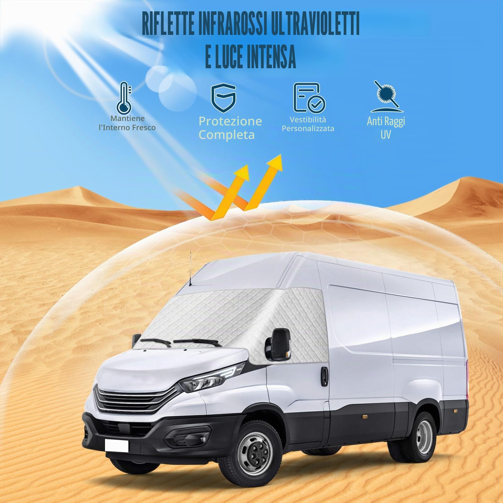 Copertura per Parabrezza Auto compatibile con Iveco Daily 2014-2025, 600D Lusso Parasole per Finestrino Anteriore, 100% Oscurante, Blocca i Raggi UV, Resistente Alle Intemperie
