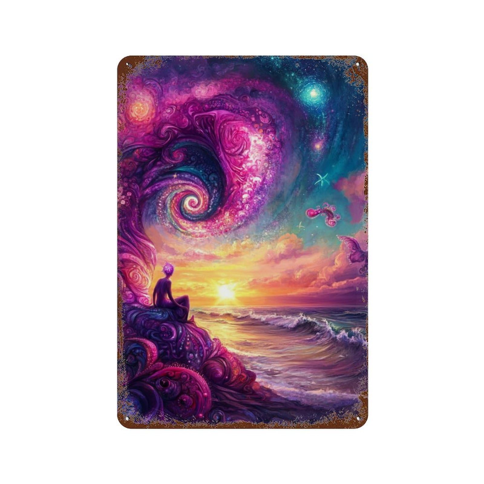 Fantasy Sunset Serenity 11.8"x7.9" Vintage Rust Metal Sign, Decorative Metal Wall Art for Bistro, Counter And Cafe Decor