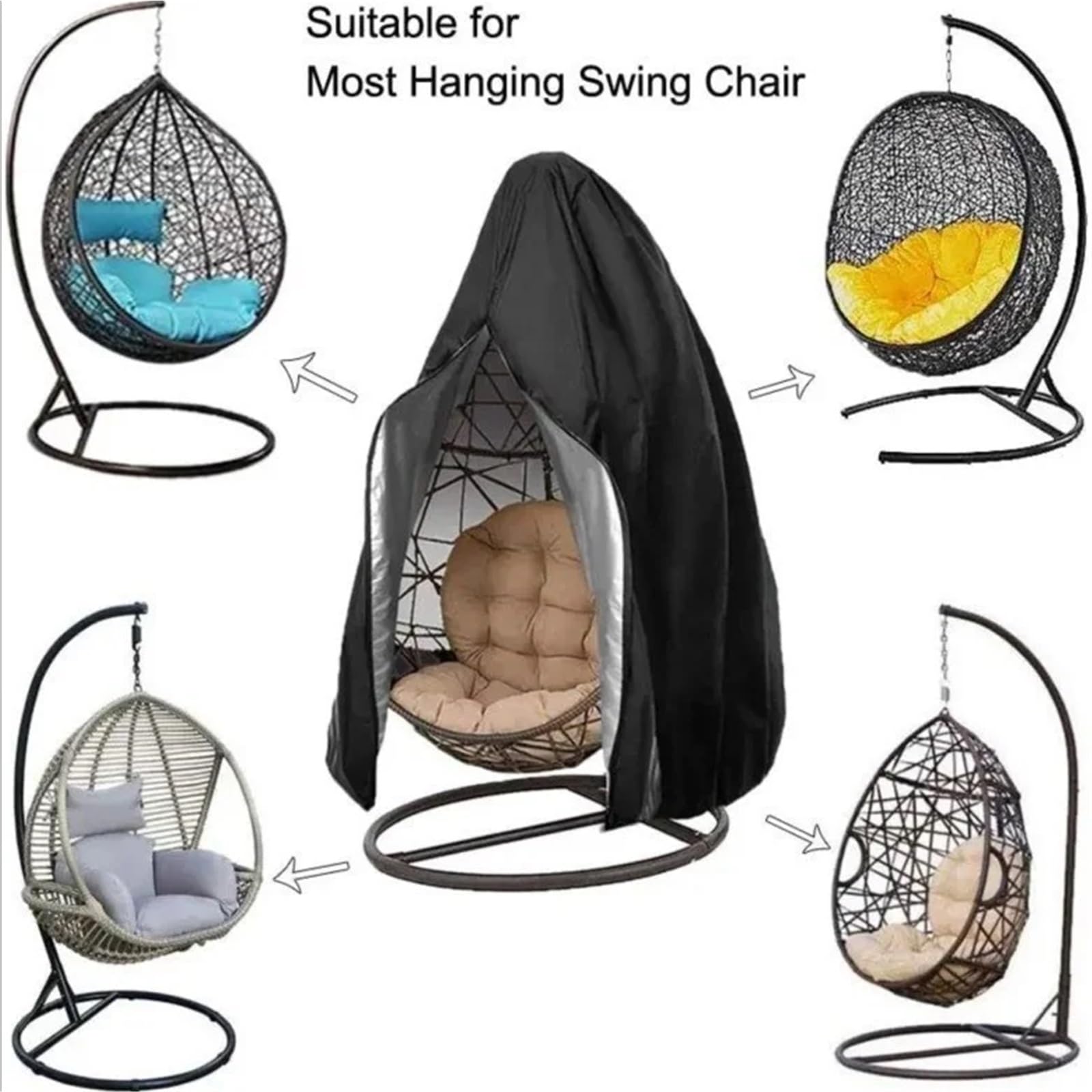 Copri-poltrona a uovo da giardino, Fodera for poltrona Egg Grigio Nero 190x115 cm Altalena da esterno con cerniera antivento sospesa