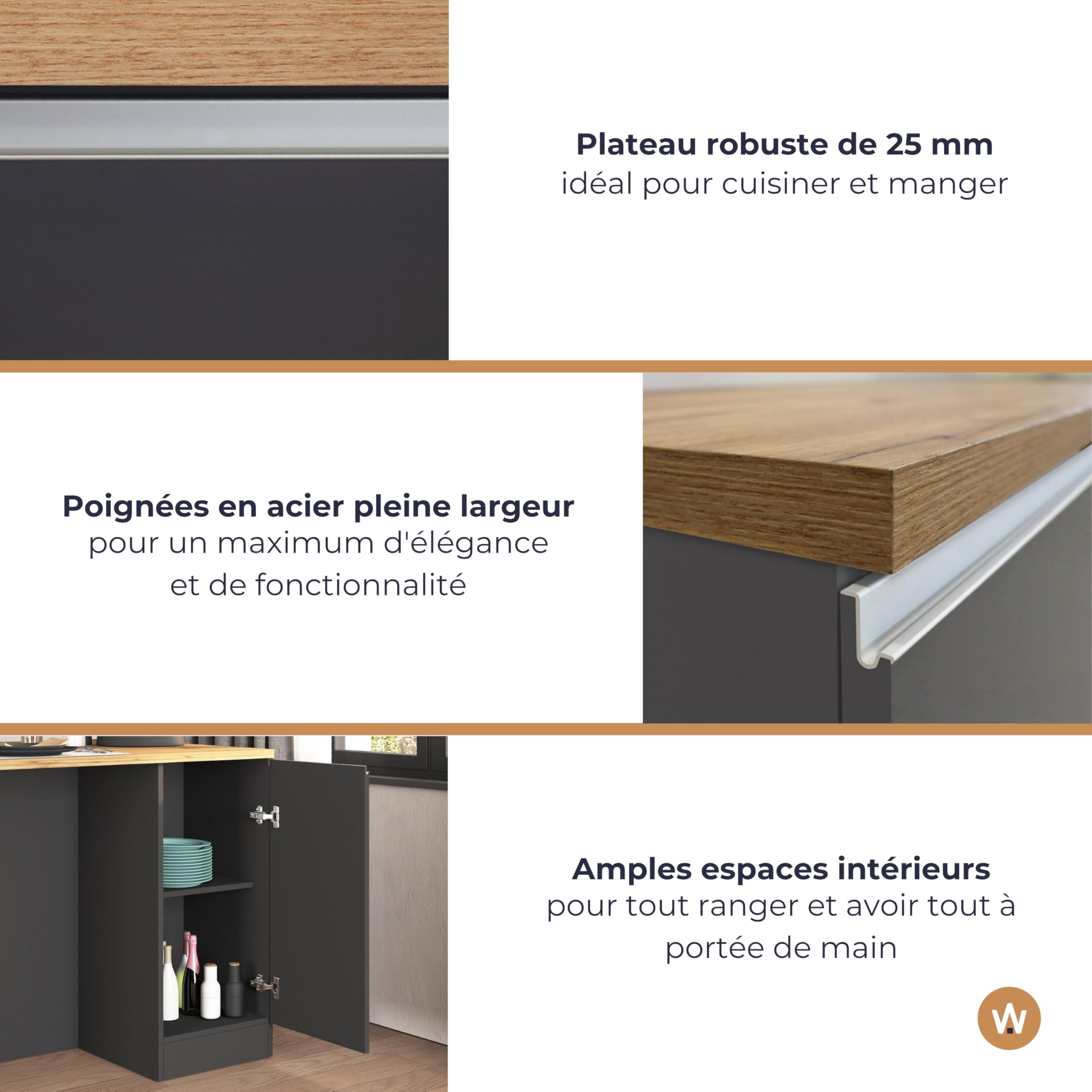 WHOUS Îlot de Cuisine Sole avec 2 Portes, Table à Manger et Plan de Travail, Idéal pour Cuisines Ouvertes et Petits Espaces, Dimensions 160 x 90 x 90 cm, Bicolore Anthracite Opaque et Chêne