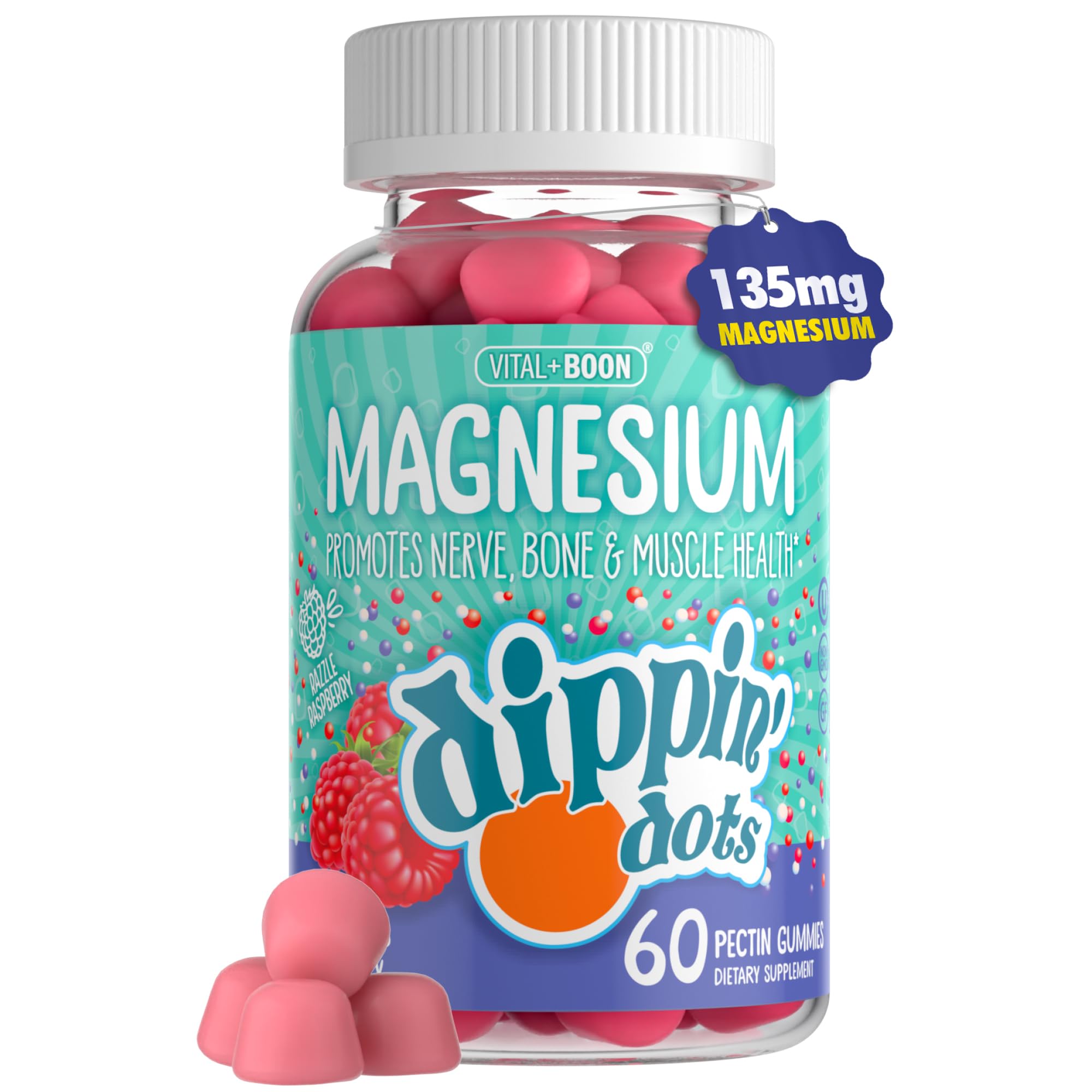 Dippin' Dots Calm Magnesium Gummies for Kids & Adults, Raspberry (60 Ct) 60 Count (Pack of 1)