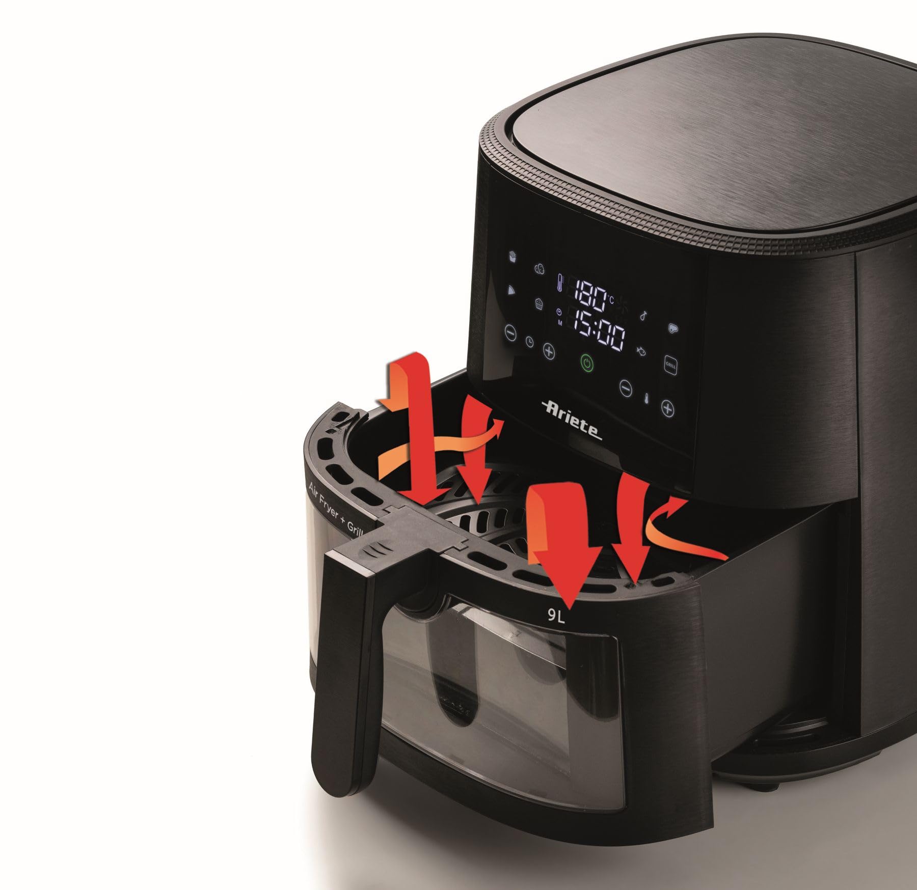 Ariete 4630 Friggitrice ad aria 9L, 1500 W, Capacità 9L, Capacità di cottura 2,5kg, 8 programmi preimpostati, Temperatura fino a 200°, Cestello trasparente per controllo cottura, Nero