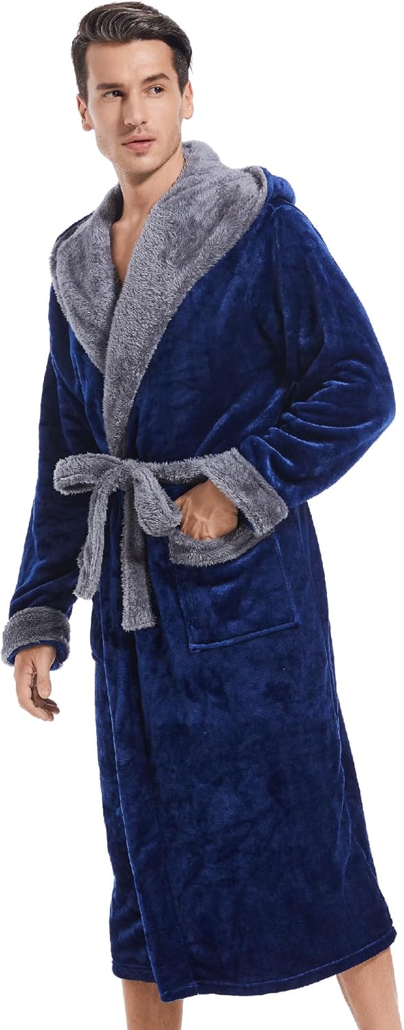Inner Wish Mens Hooded Robe, Plush Long Bath robes Cozy Warm Bathrobe Fuzzy male Spa Robe With Pockets - Image 2