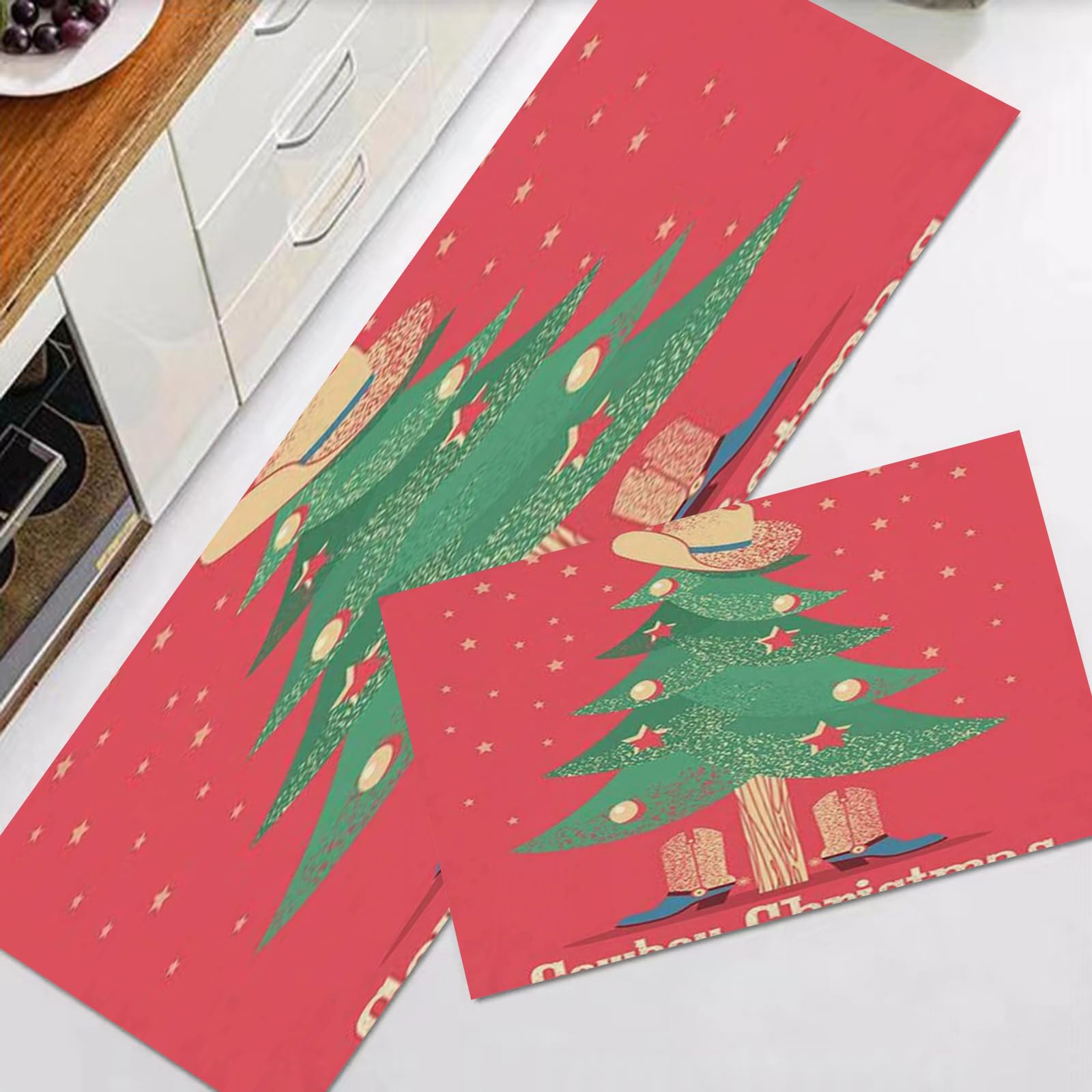 EKSED Kitchen Mats Non slip Washable Kitchen Rugs Doormat Carpet Floor Mat,Vintage Western Farm Christmas Retro Cowboy Hat on Xmas Tree New Ye,2 Piece Kitchen Mats for Home Decoration (40x60+40x120cm)