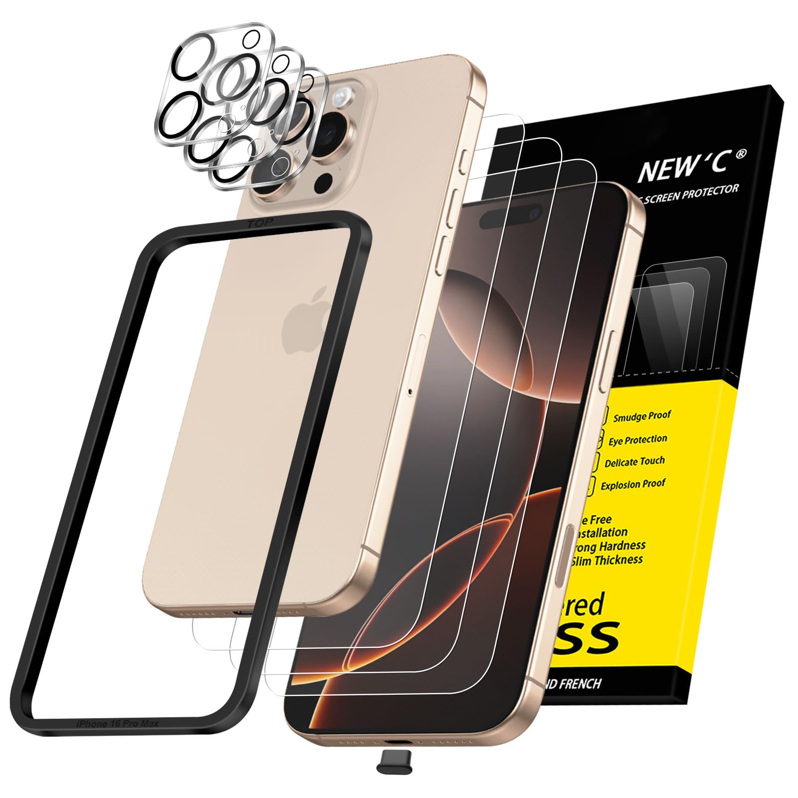 NEW'C 3x Protector Pantalla para iPhone 16 Pro Max (6,9 Pulgadas) y 3x Protector de Lente de Cámara - Cristal Templado + Tapón Antipolvo-Herramienta de instalación fácil incluida Global Recycled Standard Global Recycled Standard Global Recycled Standard