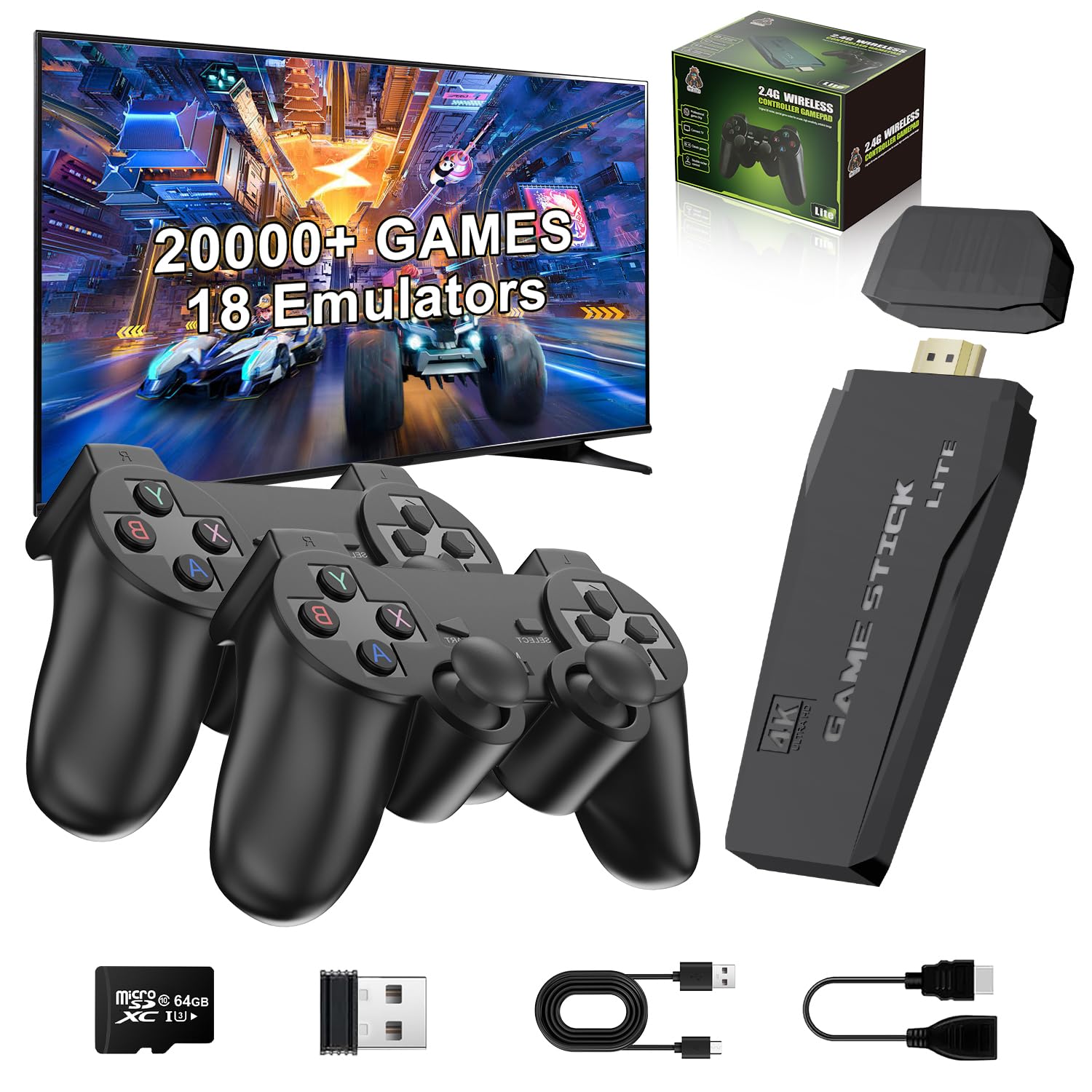 Wireless Retro Gaming Console Stick, Plug and Play TV Video Games Stick with Built-in 18 Emulators, Retro Drive 20000+ Games, 4K HDMI Output with 2 2.4G Wireless Controllers (64GB Memory Card)