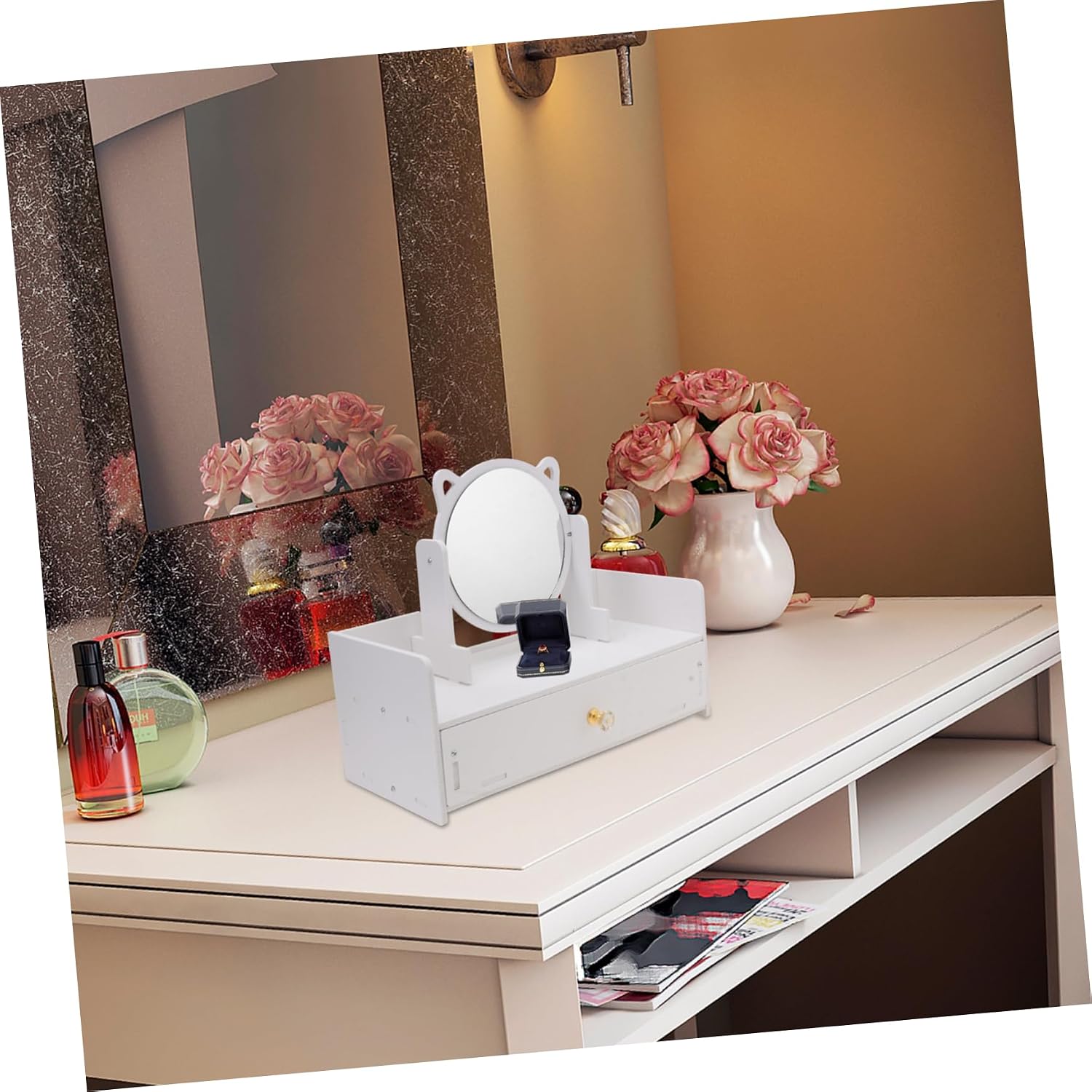 Holibanna Rotating Makeup Mirror Storage Drawer Cosmetics Organizer Case Mirror for Dorm image 3