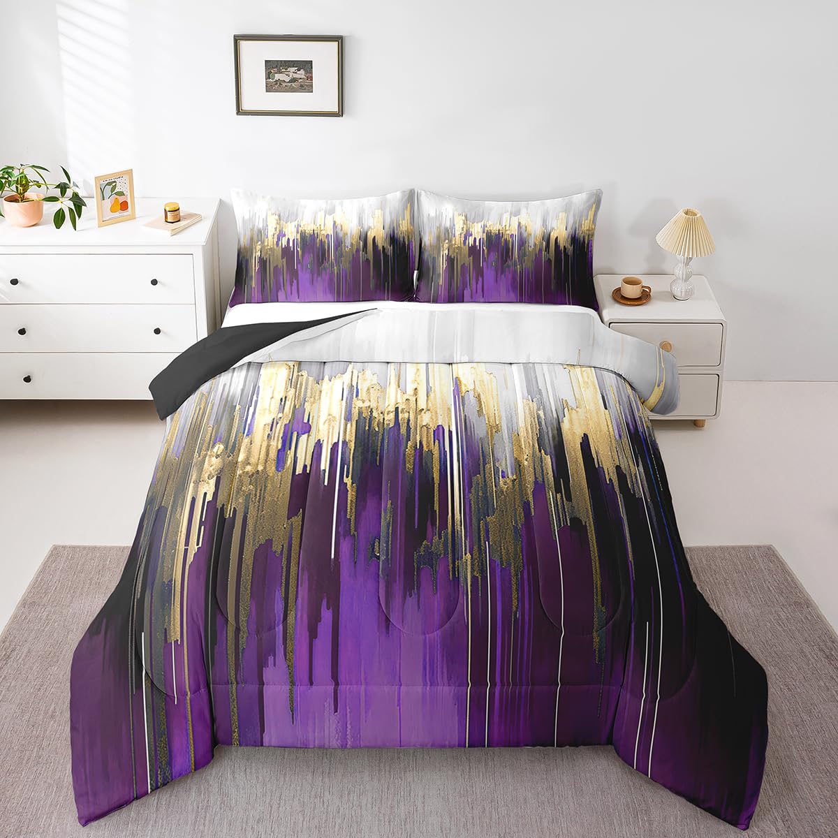 Purple Comforter Set Twin Watercolor Graffiti Bedding Set, Striped Oil Painting Bedding Comforter Sets Aesthetic Modern Duvet, Ombre Brush Marks Contemporary Quilted Comforter Metallic Gold Decor