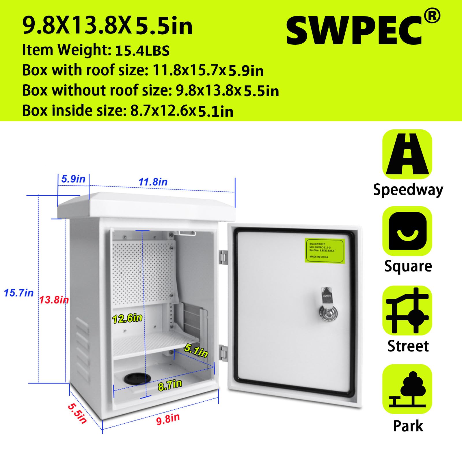Recinto de metal para exteriores con capucha de lluvia, caja impermeable para electrónica WiFi/caja de disyuntor de red con diseño ventilado, gabinete de proyectos de cable con agujero de montaje en