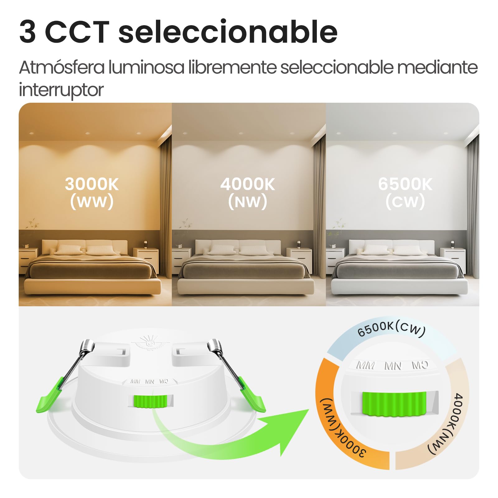 ALUSSO LIGHTING Focos Led Interior Techo,7W 550LM downlight led techo empotrable,3CCT 3000K 4000K 6500K, IP44 Corte 90-100mm, Foco Empotrable Led Techo Para baño,dormitorio,Blanco,12 Pack