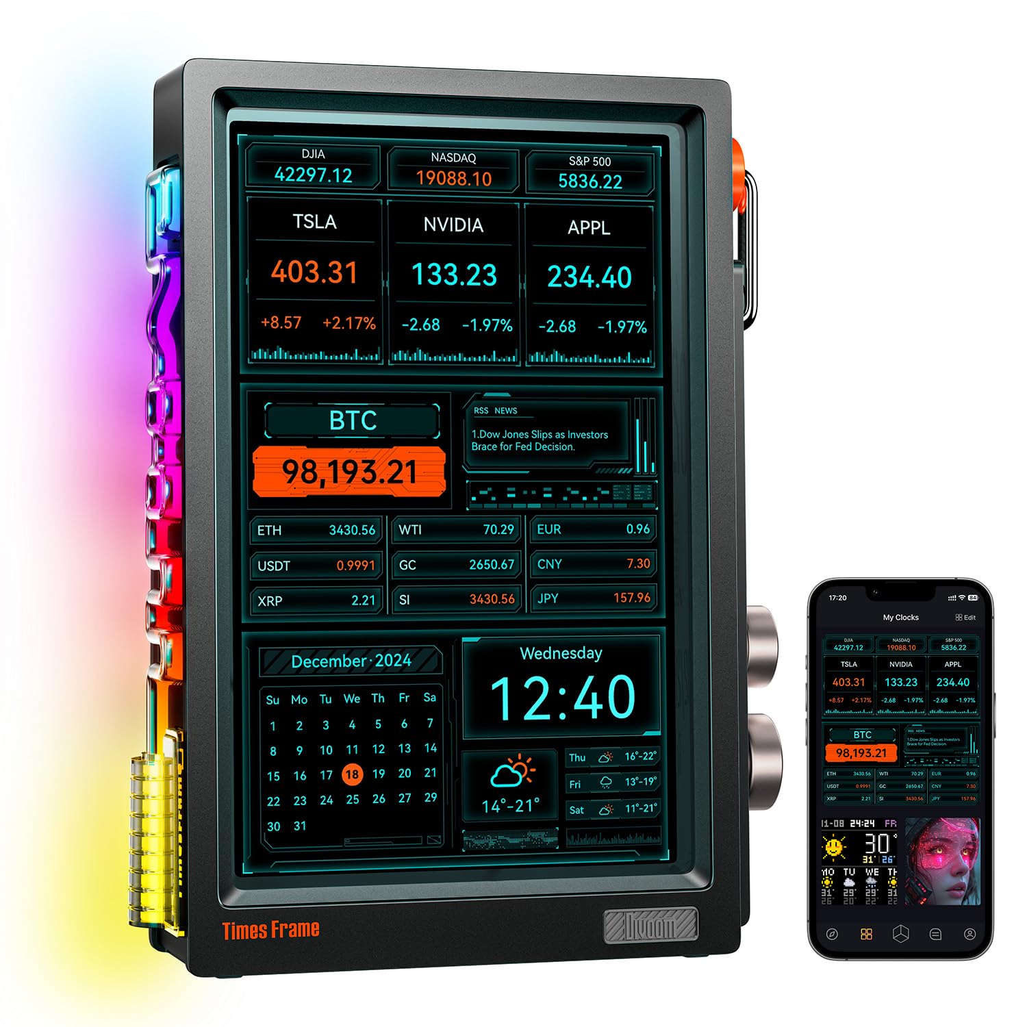 Divoom Times Frame-10.1" Digital Picture Frame Transparent IPS Smart Linux OS with RGBLED Rotary Knob WiFi 64GB 400+Clock Faces Widget 50+API Feeds Gift Mode Pixel Art Community Personalized Display