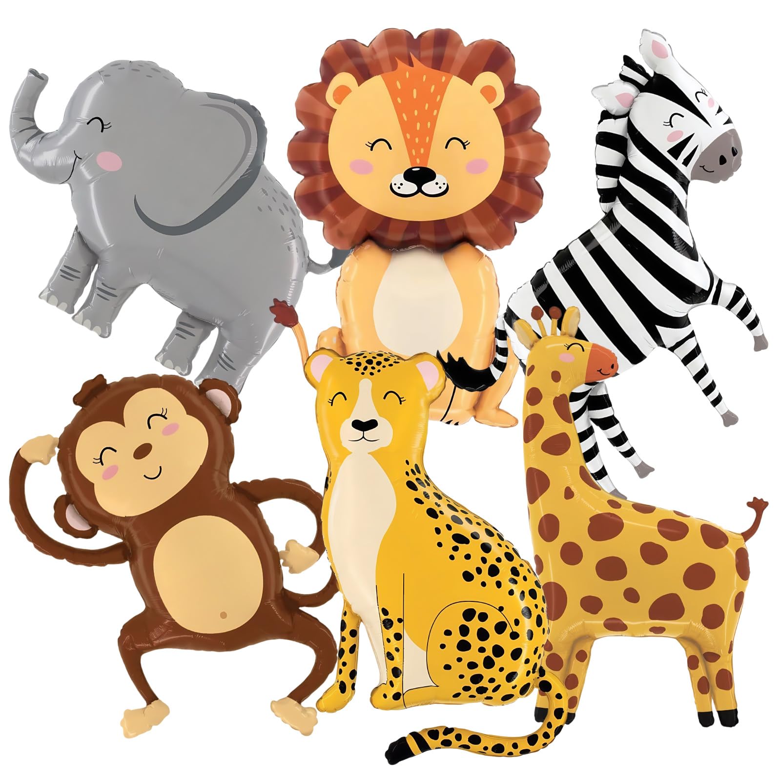 6Pcs Jungle Safari Animal Balloons Lions Zebra Elephant Monkey Leopard Foil Balloons Wildlife Themed Party Decorations Animal Shaped Balloon for Birthday Celebrations Wild One Zoo Birthday Supplies