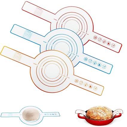 AACGIN Silicone Bread Sling for Dutch Oven 3 PCS Non-Stick & Easy Clean Round Silicone Bread Baking Mat Reusable Sourdough Baking Mat with Long Handles for Transferable Dough