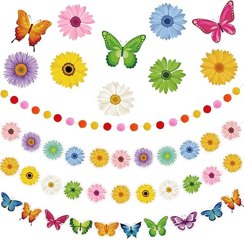 Juego de 4 pancartas de verano para decoración de verano con diseño de mariposas y flores, flores de sol, remolinos colgantes, suministros de fiesta