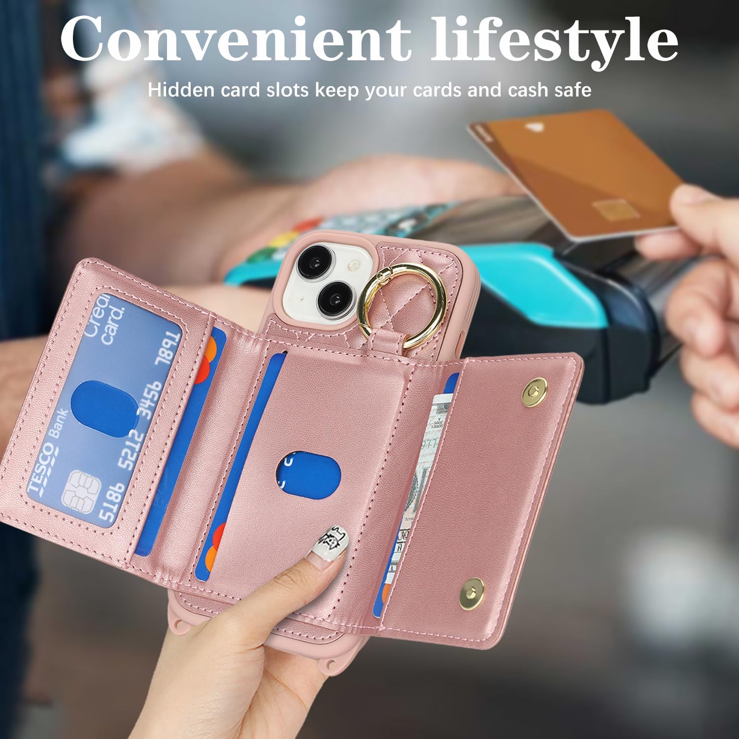 for iPhone 14 Case with Card Holder and Strap for Women,Crossbody Lanyard, Make Up Mirror,Ring Stand,Snap Clasp,Cute Phone Wallet Cases 6.1 inch - Dark Rose Gold - Image 3