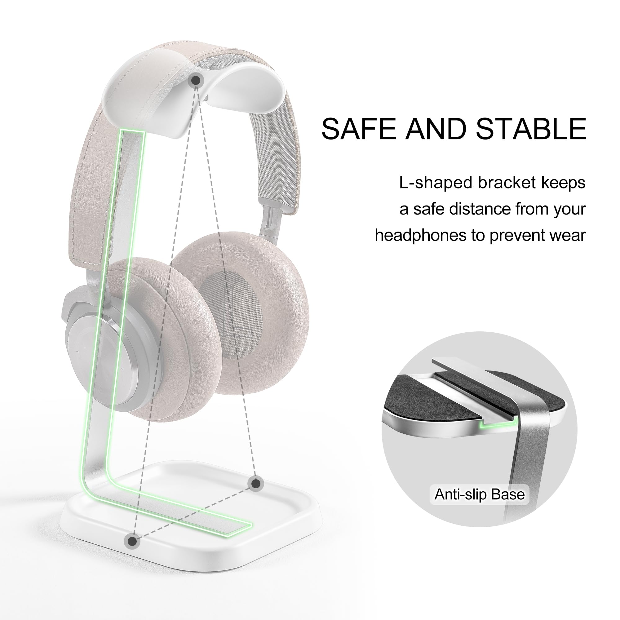 Supporto Per Cuffie Con Vassoio - Stand Curvo Per AirPods Max, Beats, Bose | Bianco, Base Stabilizzante