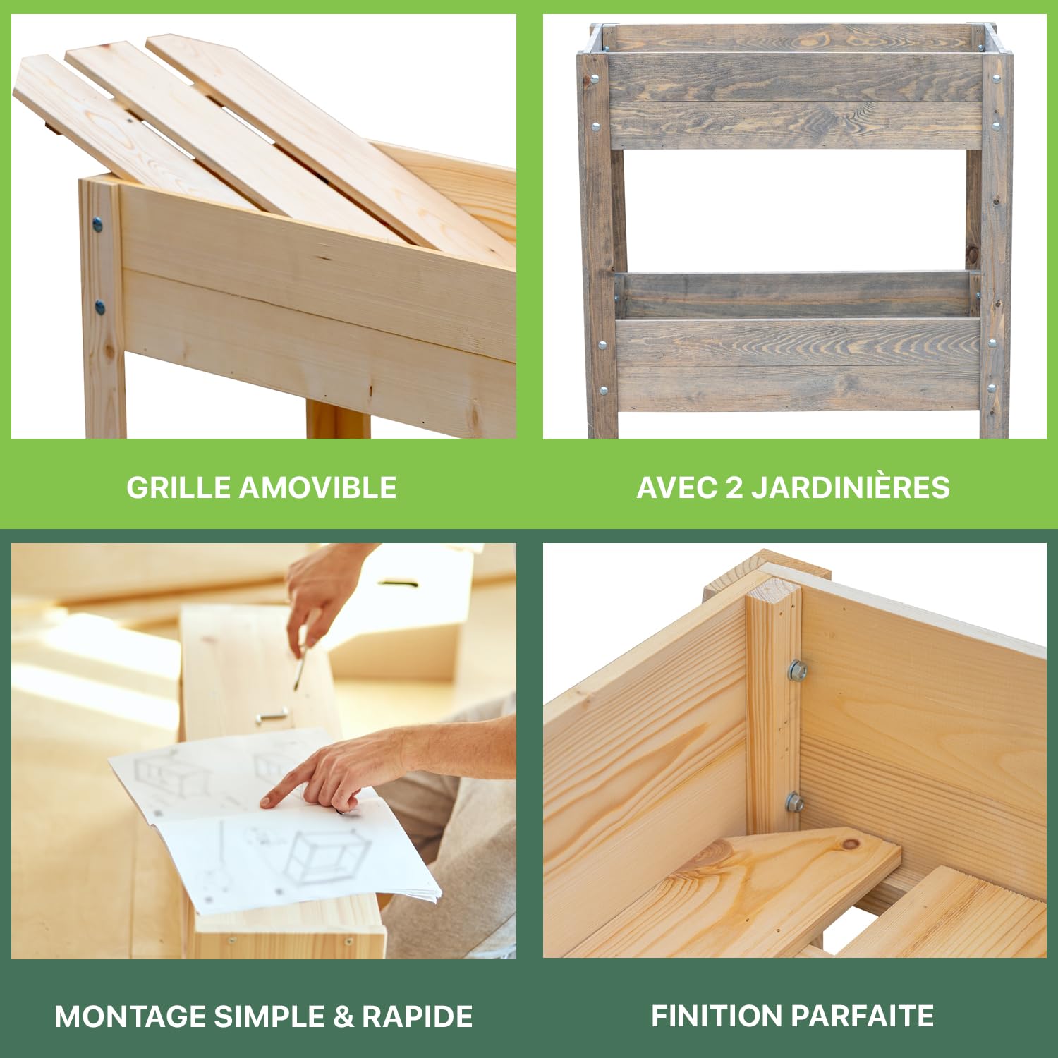 ITA Carré Potager surélevé en Bois - Mini Serre Châssis Incluse - 2 Jardinières sur Pied avec Feuille de Protection - pour Fleurs, légume, Herbes - Nature