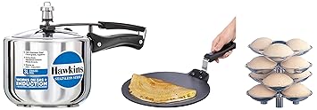 Hawkins 3ltr Pressure Cooker, Cooker, Tall Design Cooker, Induction Cooker (B33) - Inner Lid&Hawkins Futura Nonstick Dosa Tava, 33 cm, 4.88 mm NDT33&Hawkins Idli Stand - 12 Mini Idlis, (For 3ltr),