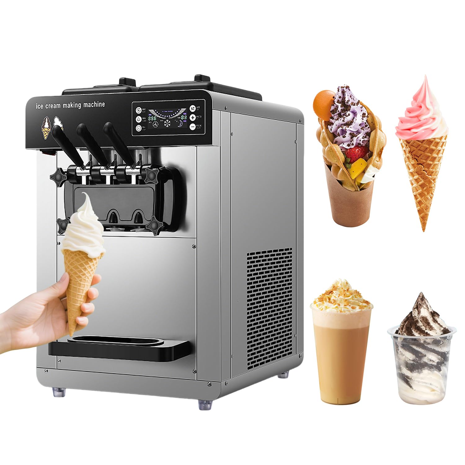 Commercial Ice Cream Machine, 3 Flavors 18-28 L/H Yield, 850W Countertop Soft Serve Ice Cream Maker with LED Display Auto Clean Pre-cooling, Dual Hoppers, One-touch Cleaning (Countertop)