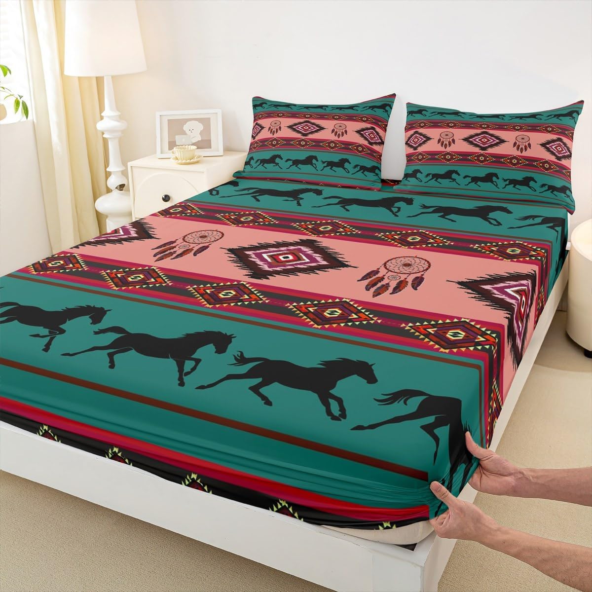 Castle Fairy Boho Tribal Bed Sheet Set King Size,Southwestern Native Aztec American Deep Pocket Fitted Sheet,1 Flat,2 Pillowcases,Southwest Native Ethnic Green Red Bed Mattress Cover,Bedroom Decor