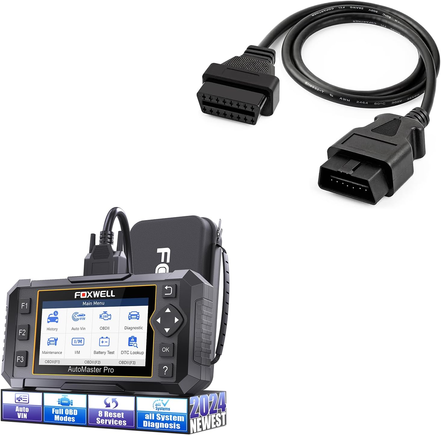 FOXWELL Car Scanner NT624 Elite All System OBD2 Scanner and FOXWELL OBD2 OBD II 16Pin Male to Female Diagnostic Extension Convert Cable