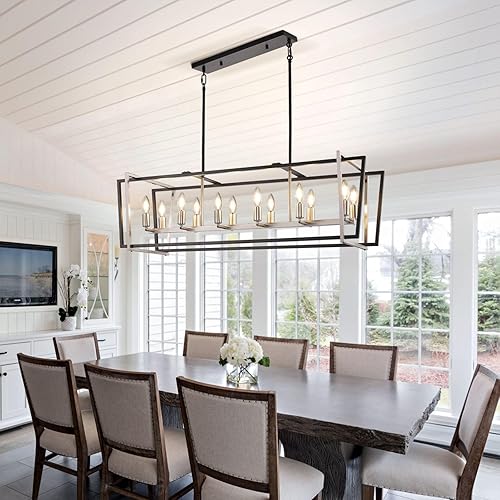 Miniatura 9 de Iluminación de isla de cocina de granja, lámpara de comedor de 5 luces, con pantalla de cristal, lámpara lineal de granja de hierro forjado con