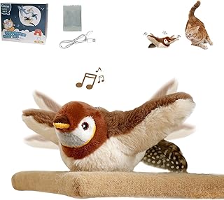 Flapping Bird Cat Toy, No Flying, Flapping & Chirping Wings Sparrow with Catnip, Rechargeable Touch Activated for Cats, Kitten or Small Dogs to Interact & Play