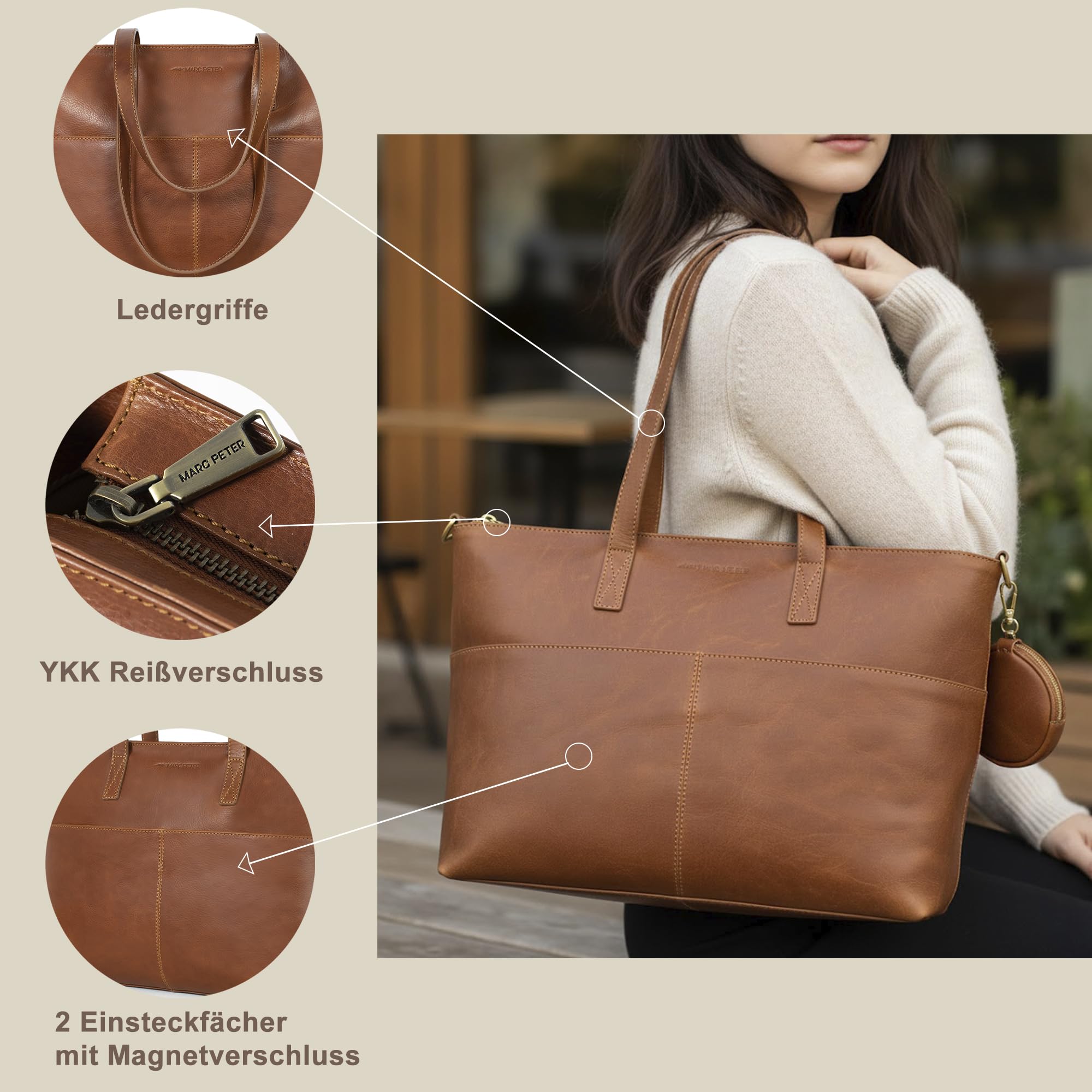 Marc Peter® Vintage Arbeitstasche Sarah, Große Umhängetasche aus Leder, Schultertasche mit 14" Laptopfach, Handtasche für Damen