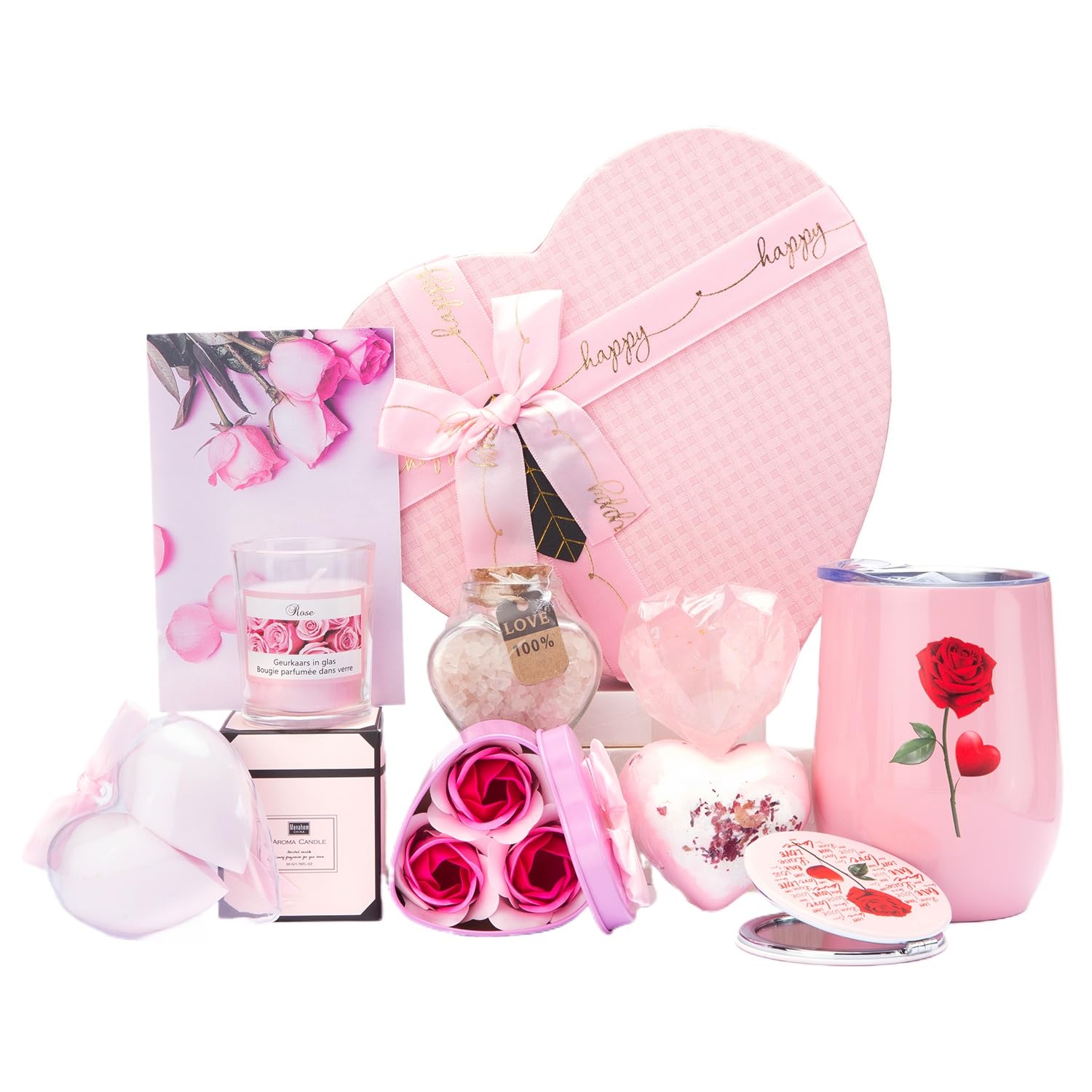 Gifts Box for Girlfriend Wife Lover Birthday Gifts for Women Heart-shaped Pink Rose SPA Love Gift Basket Love You Gifts Wedding & Engagement Valentines Gift Anniversary Romantic Birthday Present