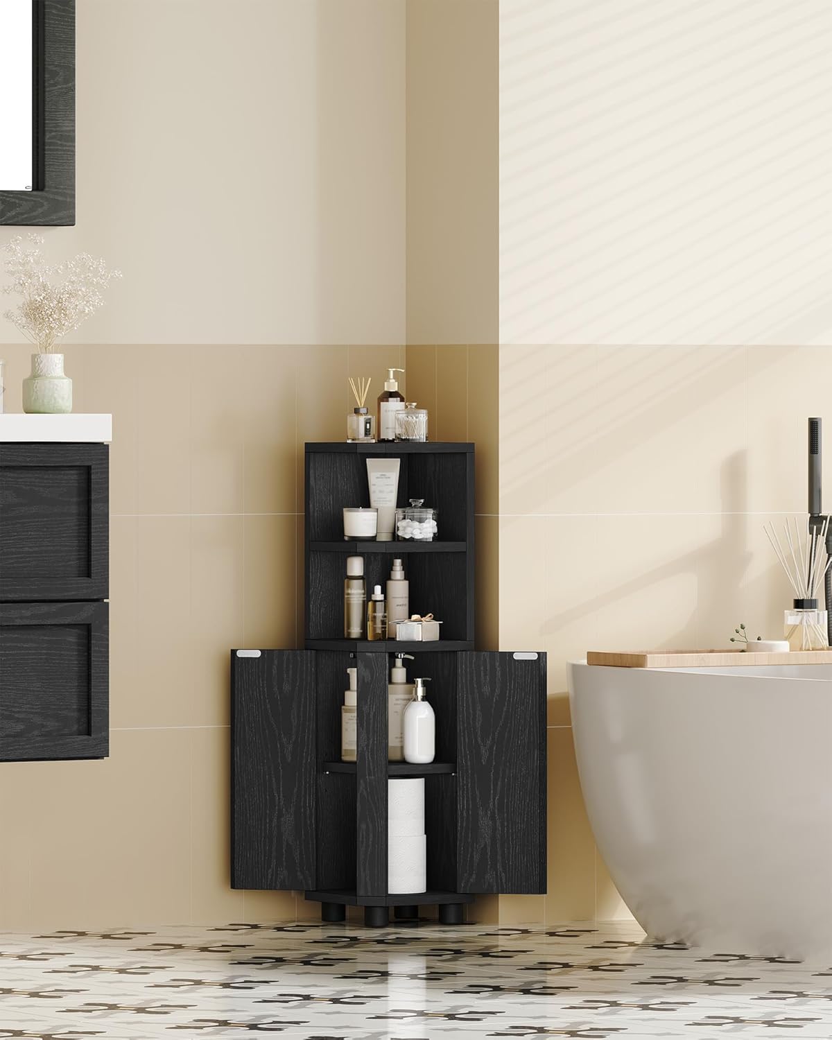 Hzuaneri Corner Cabinet, Small Bathroom Corner Cabinet with Doors, Narrow Storage Cabinets with Adjustable Shelves, Bathroom Organizers and Storage for Small Space, Black BC21004X