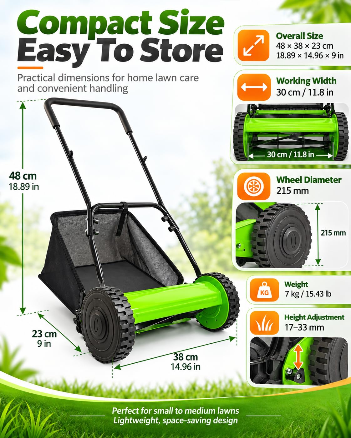Cortacésped Manual Helicoidal de Empuje con Recogedor Altura Ajustable 17 a 33 mm Ancho de Corte 30 cm Cuchillas de Acero al Manganeso 65 para Jardín Césped Patio Hogar,Verde