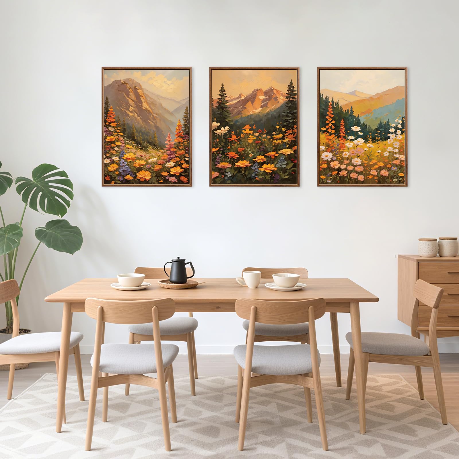 ANHUIB Boho Sunset Framed Canvas Wall Art Set of 3 Colorful Wildflower Daisy Flower Wall Decor Boho Blossom Botanical Artwork Modern Nature Mountain Landscape Art Print for Living Room Bedroom 12"x16" - Image 3