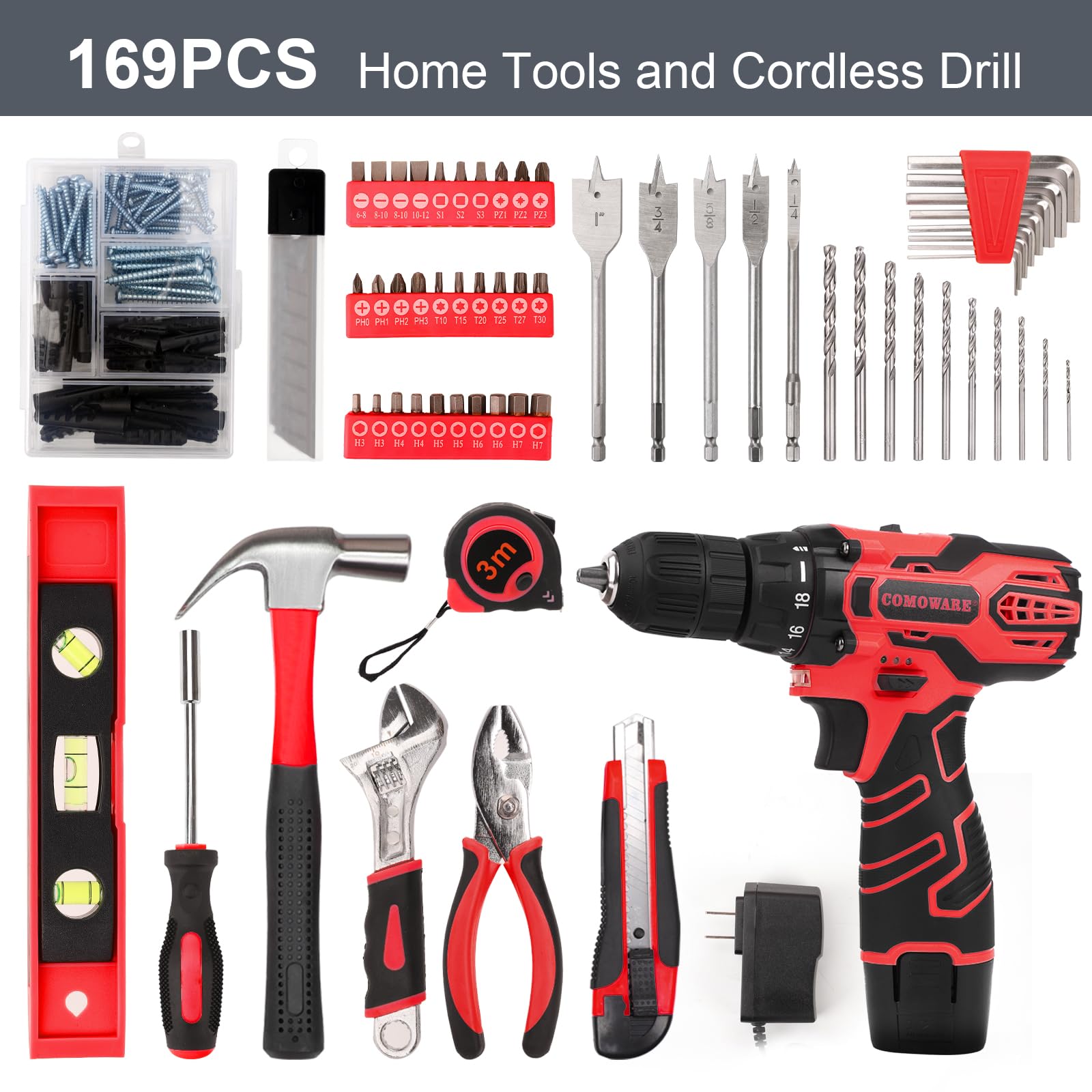 COMOWARE Kit di attrezzi per la casa da 169 pezzi con trapano elettrico senza fili da 12 V, multi-task per riparazioni e manutenzione fai da te, borsa rossa inclusa