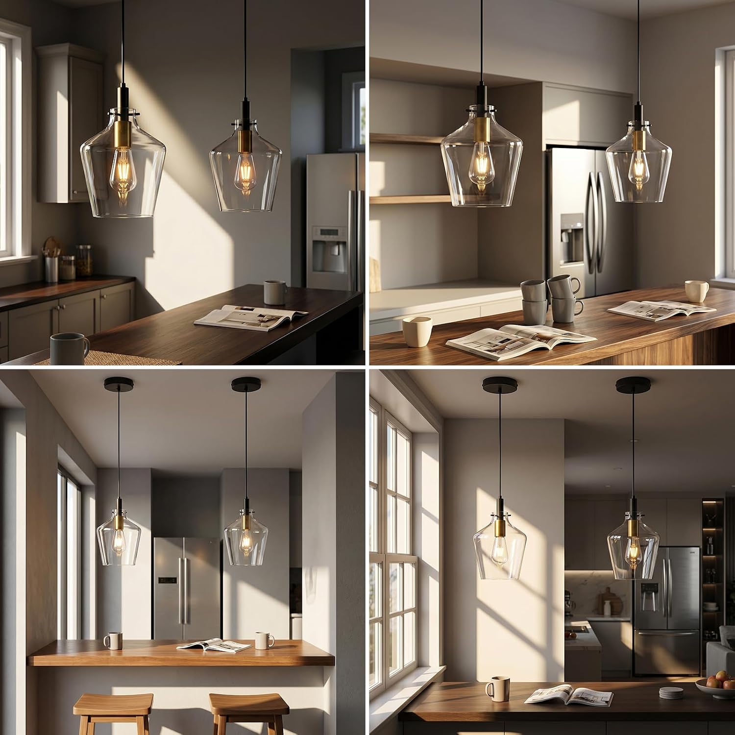Black Gold Pendant Lighting for Kitchen Island, 2-Pack Modern Farmhouse Glass Pendant Lights, 5.0mm Clear Glass Shades, Adjustable Industrial Hanging Light Fixtures for Dining Room Sink, E26