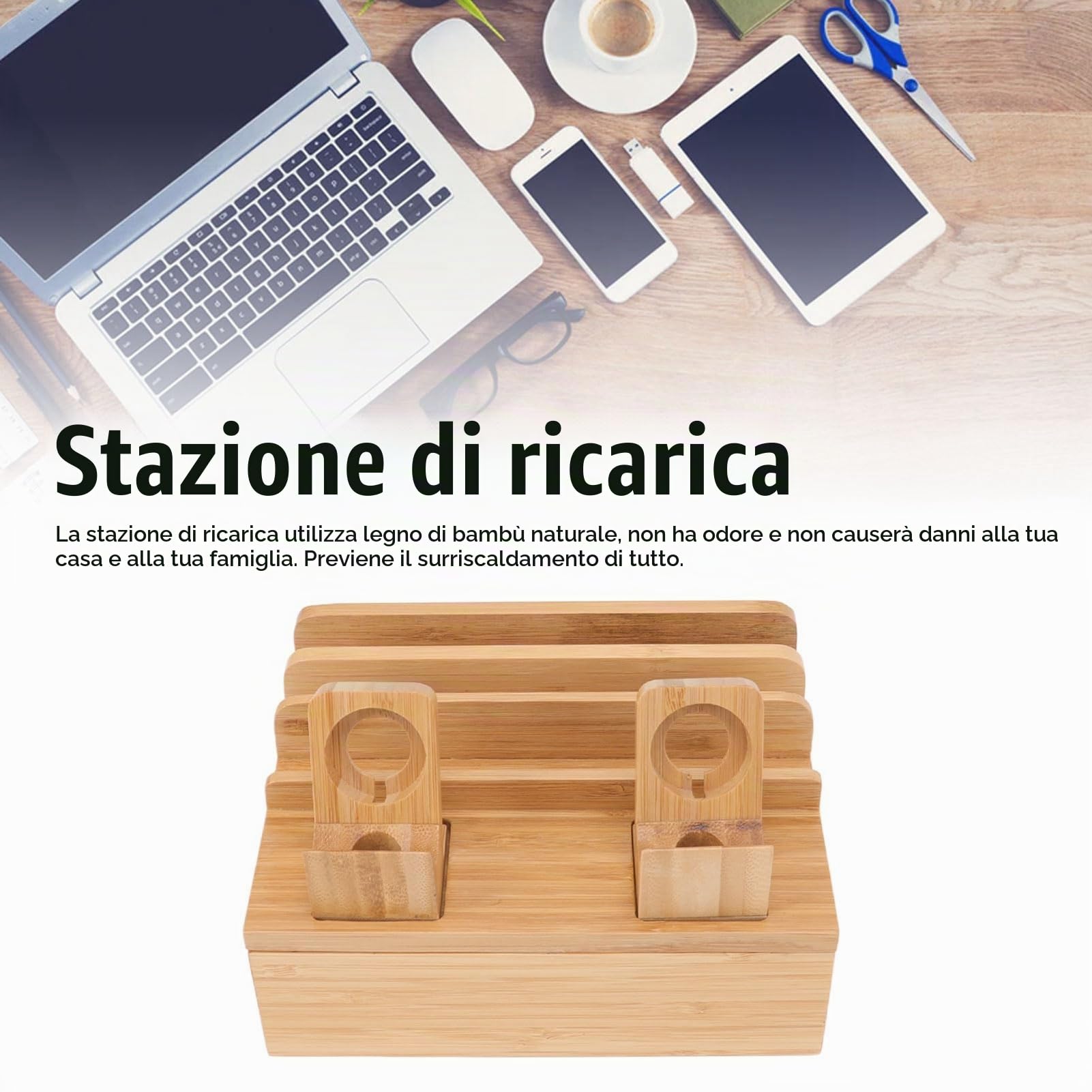 Stazione di Ricarica in Legno per Telefono e Tablet 5 Porte USB Multi-Charger Docking Station Organizer Compatto con Slot per Orologio Intelligente Compatibile con iOS e Android