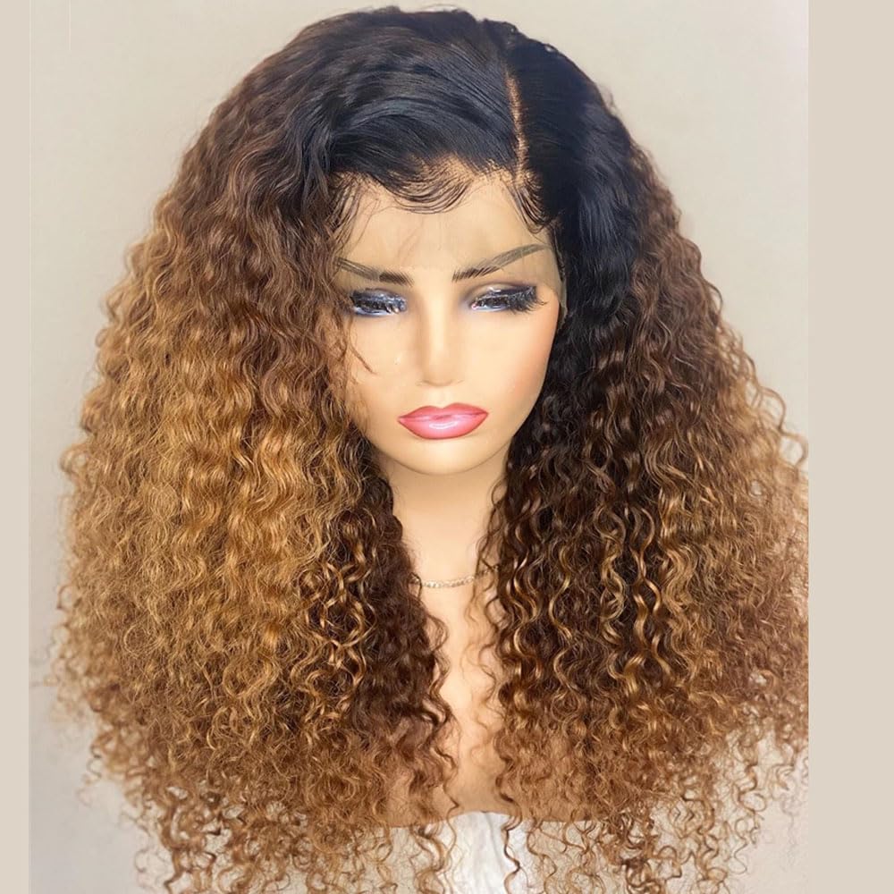 Soft Kinky Curly Ombre Blonde And Brown Color Human Hair With Bleached Knots Deep Wave 180% Density Pre Plucked Brazilian Remy Hair 13x4 Transparent HD Lace Front Wigs For Black Women 14 Inch