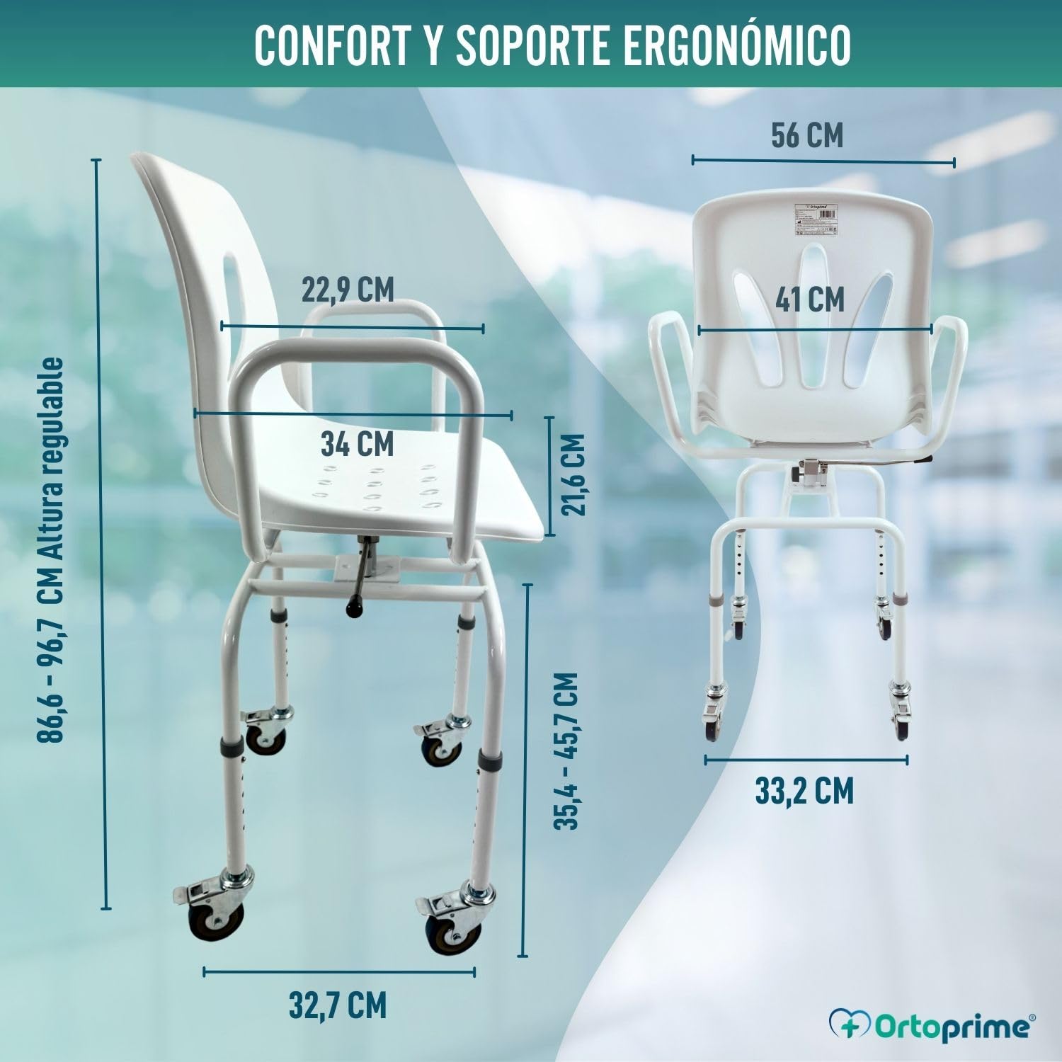 OrtoPrime Silla Ducha Personas Mayores Asiento Giratorio 360º Silla Ducha Mayores Silla Baño Ancianos Ducha - Silla Ducha con Ruedas y Frenos - Silla Ortopédica Silla de Ducha para Personas Mayores