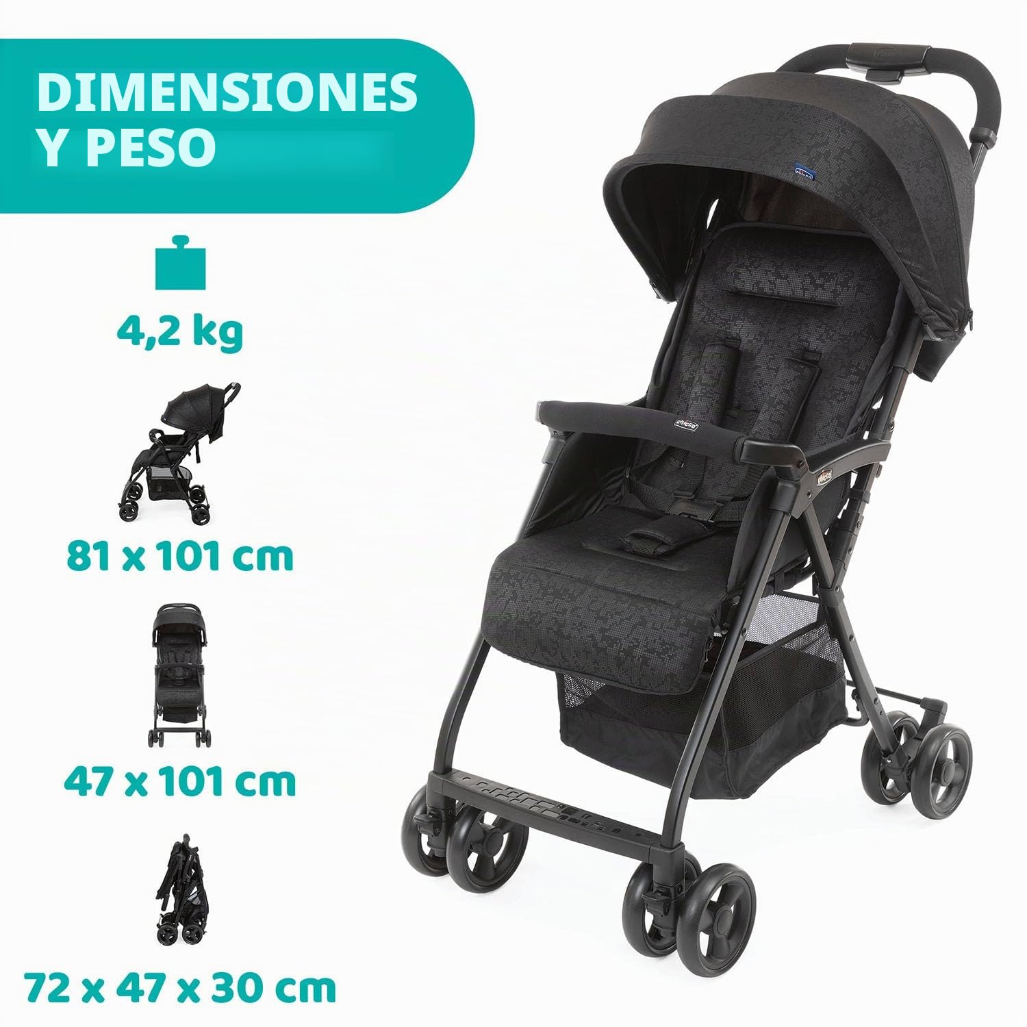 Chicco OHlalà 3 Cochecito ultraligero desde 0 meses hasta 15 kg, capacidad máxima 18 kg, reclinable y plegable con cesta espaciosa, cierre compacto, protector contra la lluvia y capota extensible