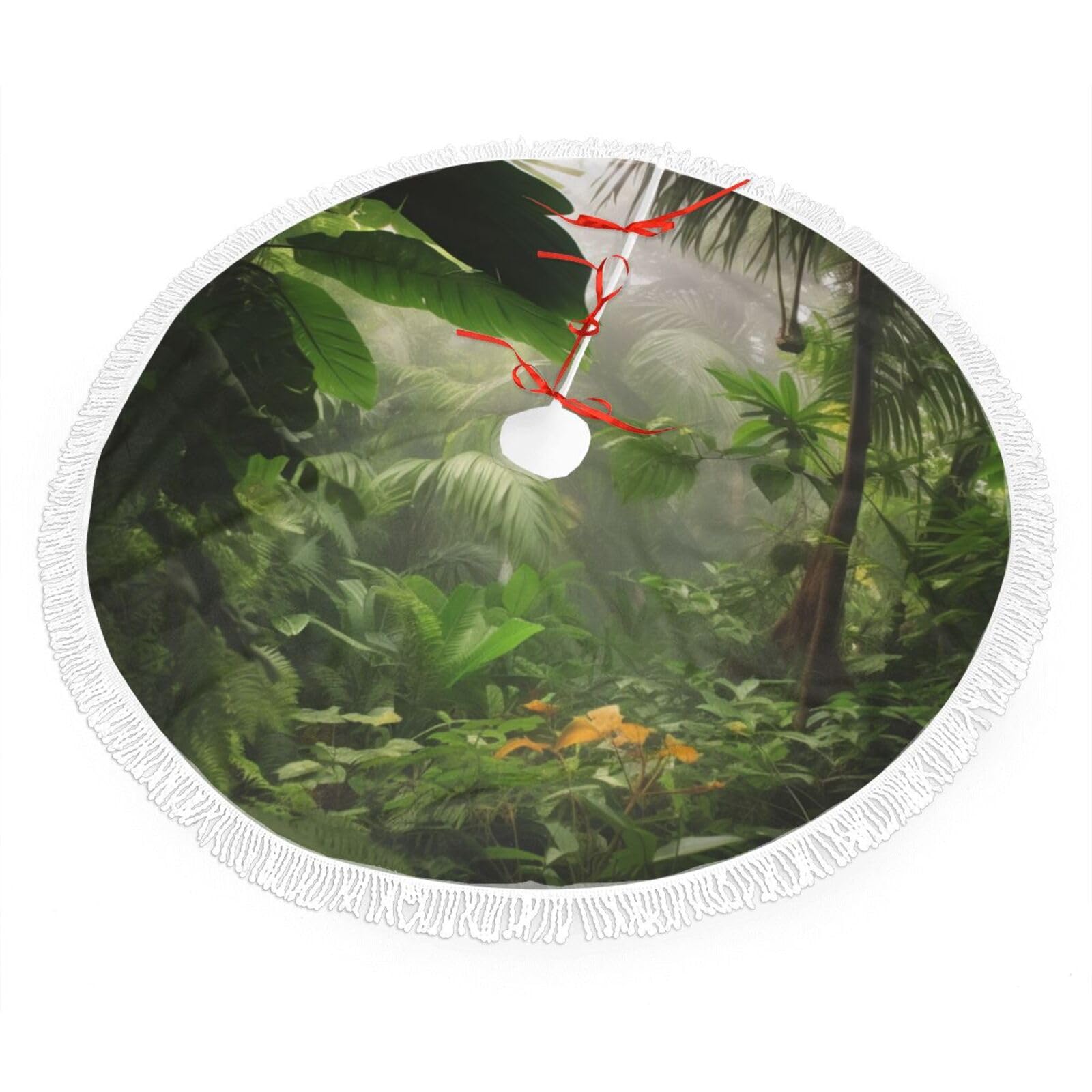 Tropical Rainforest Jungle Scene Christmas Tree Skirt 48", Soft Plush Xmas Tree Carpet with Tassel Christmas Ornaments Winter Holiday Tree Mat Decoration for Home Party Supplies