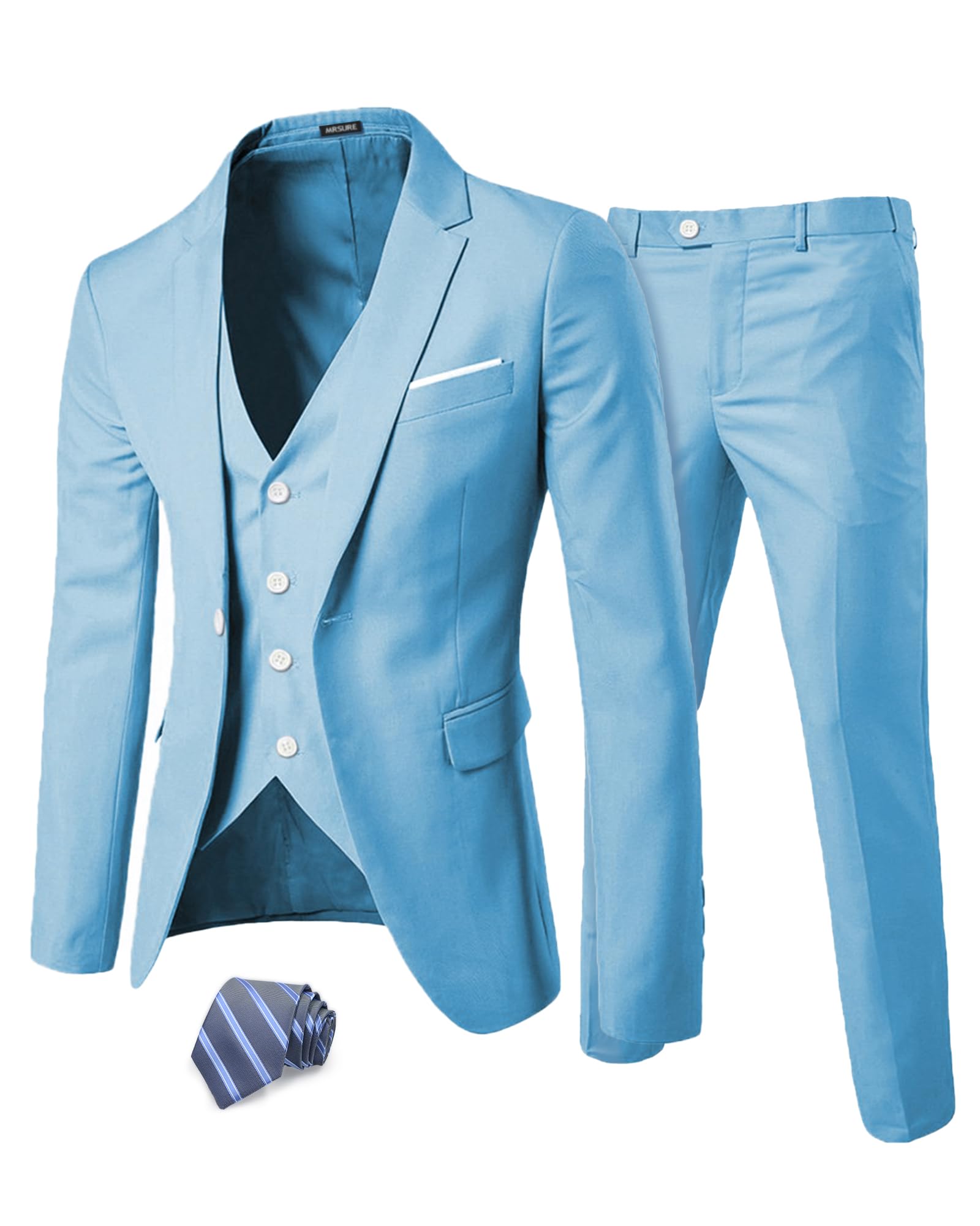 MrSure Men’s 3 Piece Suit Blazer, Slim Fit Tux with One Button, Jacket Vest Pants & Tie Set for Party, Wedding and Business, Sky, M