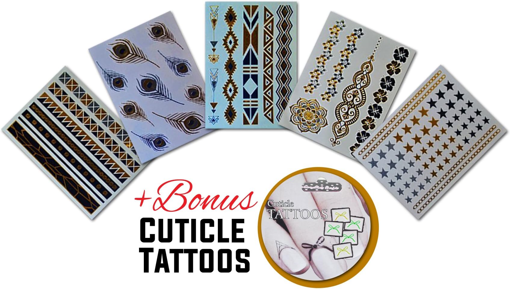 Temporary Metallic Tattoo 5 Sheet Shimmer Pack + BONUS Cuticle Tattoo –Gold, Silver Tribal Aztec Chevron Feathers Stars Non-toxic Long Lasting Waterproof Necklaces Bracelets Rings (Pack 2)