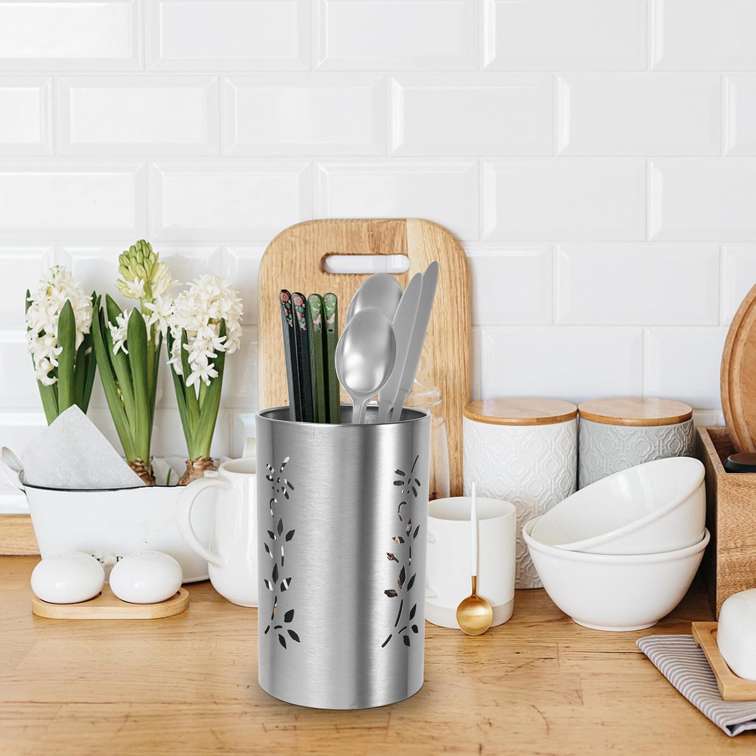 Stainless Steel Chopsticks Holder for Kitchen Utensil Storage round Hole Design and Sturdy Structure, Wear and Break Resistant Cutlery Caddy for Kitchen Counter Organization
