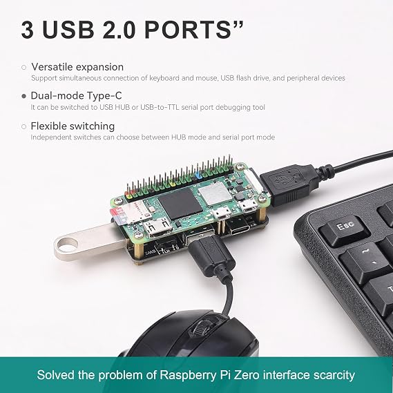 Pi USB HUB for Rasp-berry Pi Zero, 3-Port USB 2.0 Expansion Board with USB to TTL, Type-C Dual Mode, Plug & Play GPIO Connection, Status Indicators for IoT and Fits Arduino Projects